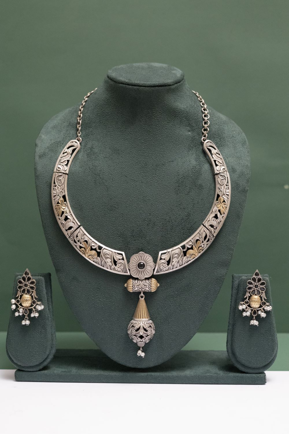Silver Look-Alike Two Tone Choker with Multicolor Cabochons