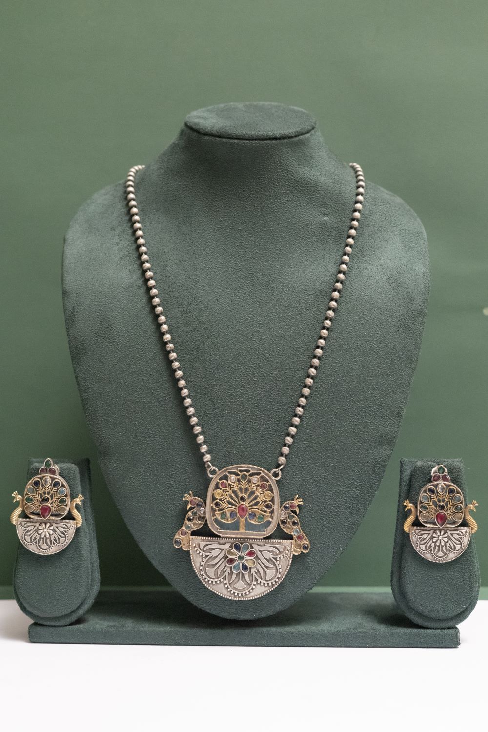 Silver Look-Alike Peacock Motif Necklace with Tree Design