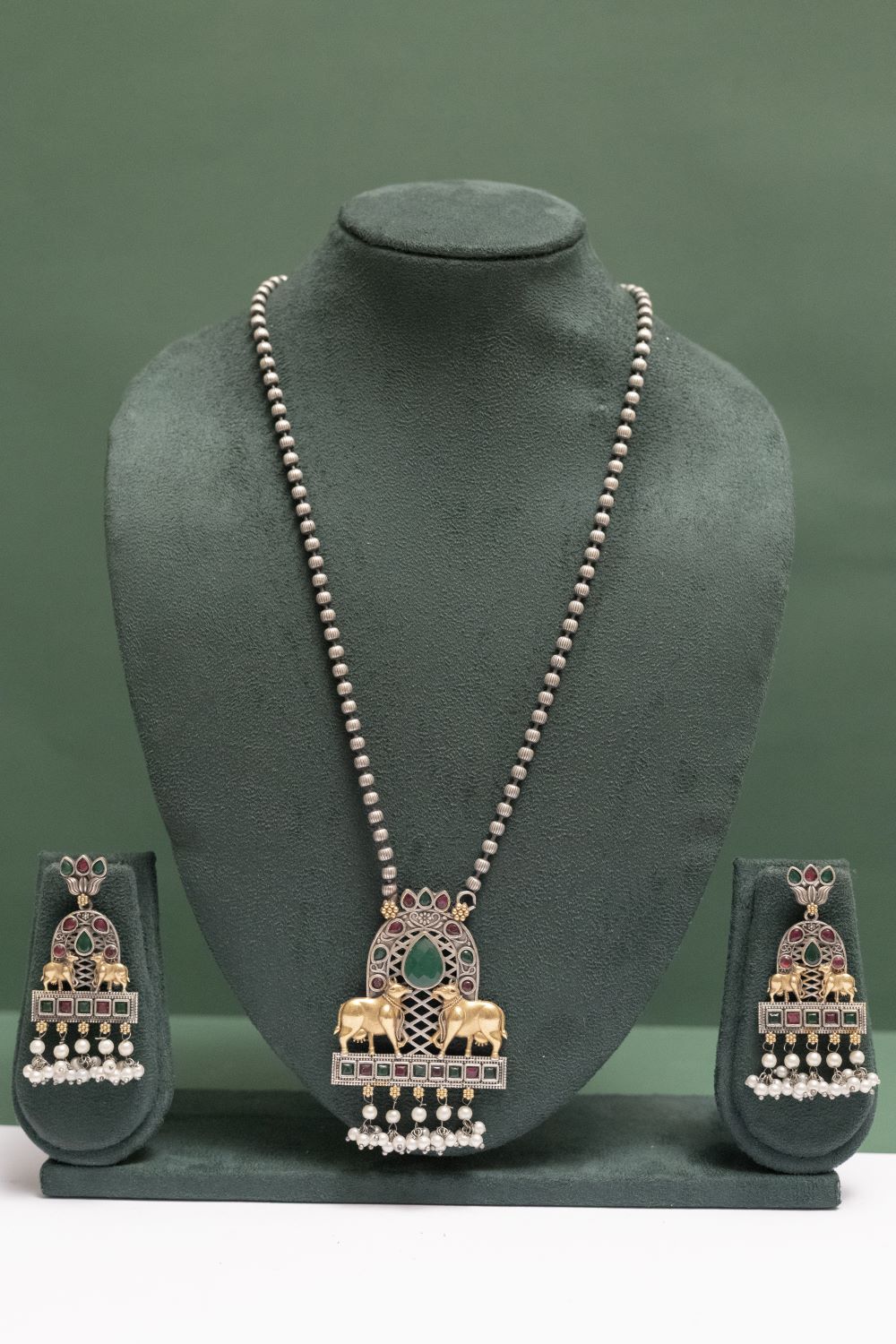Silver Look-Alike Two-Tone Cow Pendant Necklace Set