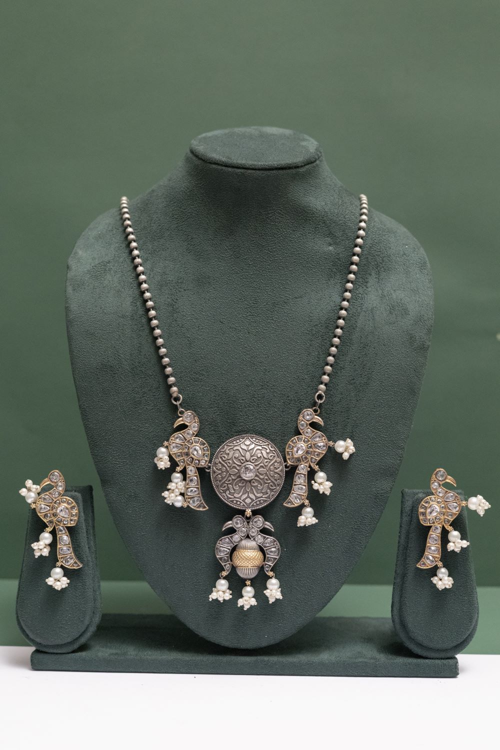 Silver Look-Alike Chain Pendant with Twin Peacock Charm