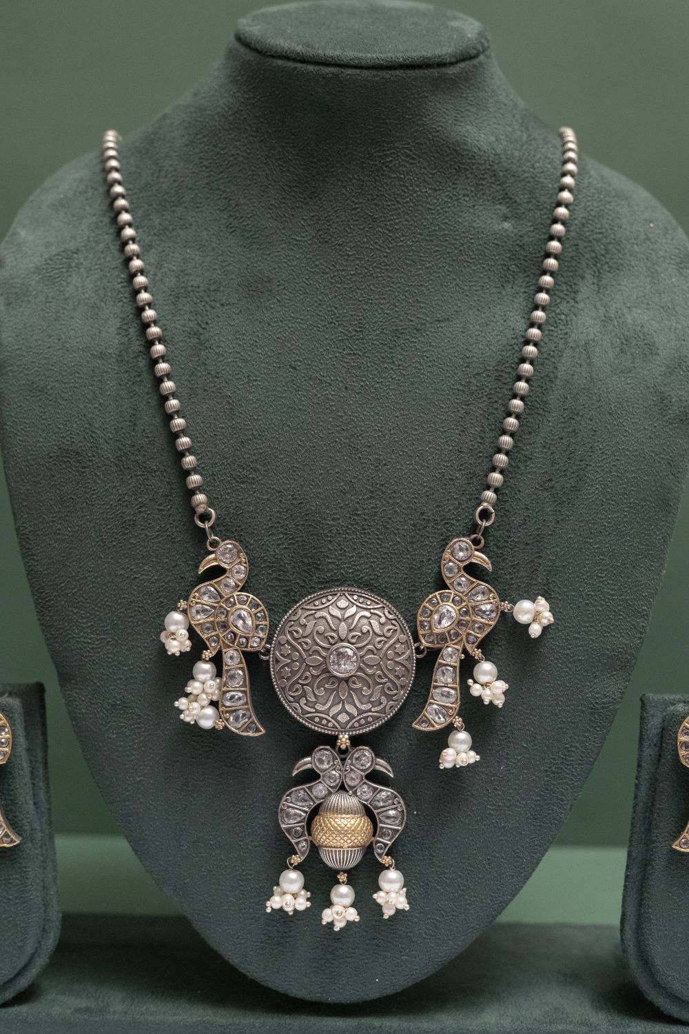 Silver Look-Alike Chain Pendant with Twin Peacock Charm