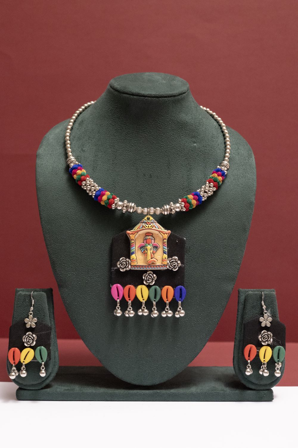 Fabric Ganesh Motif Necklace with Dangling Multicolor Kodi