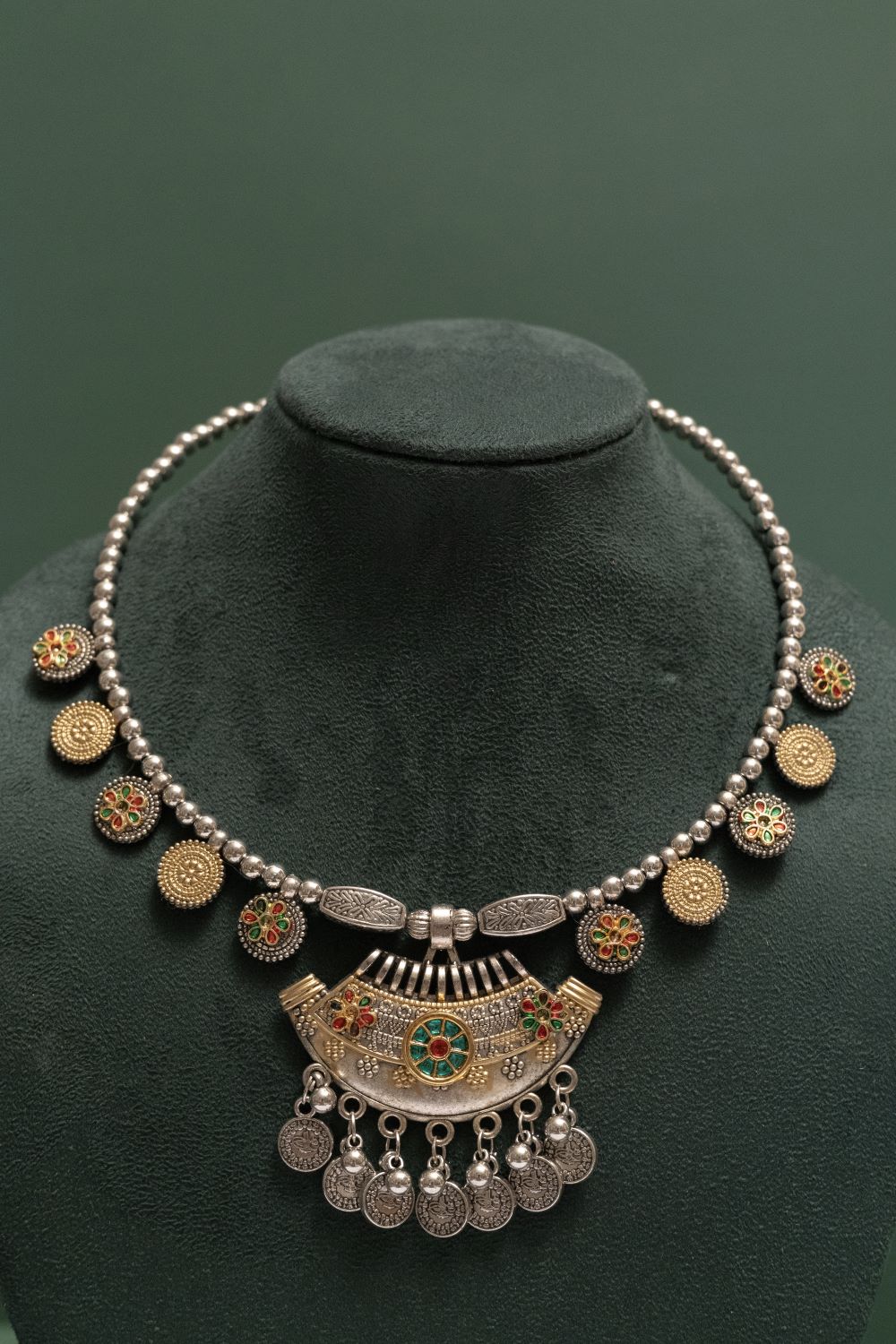 Oxodised Two Tone Tribal Coin Pendant Necklace Set