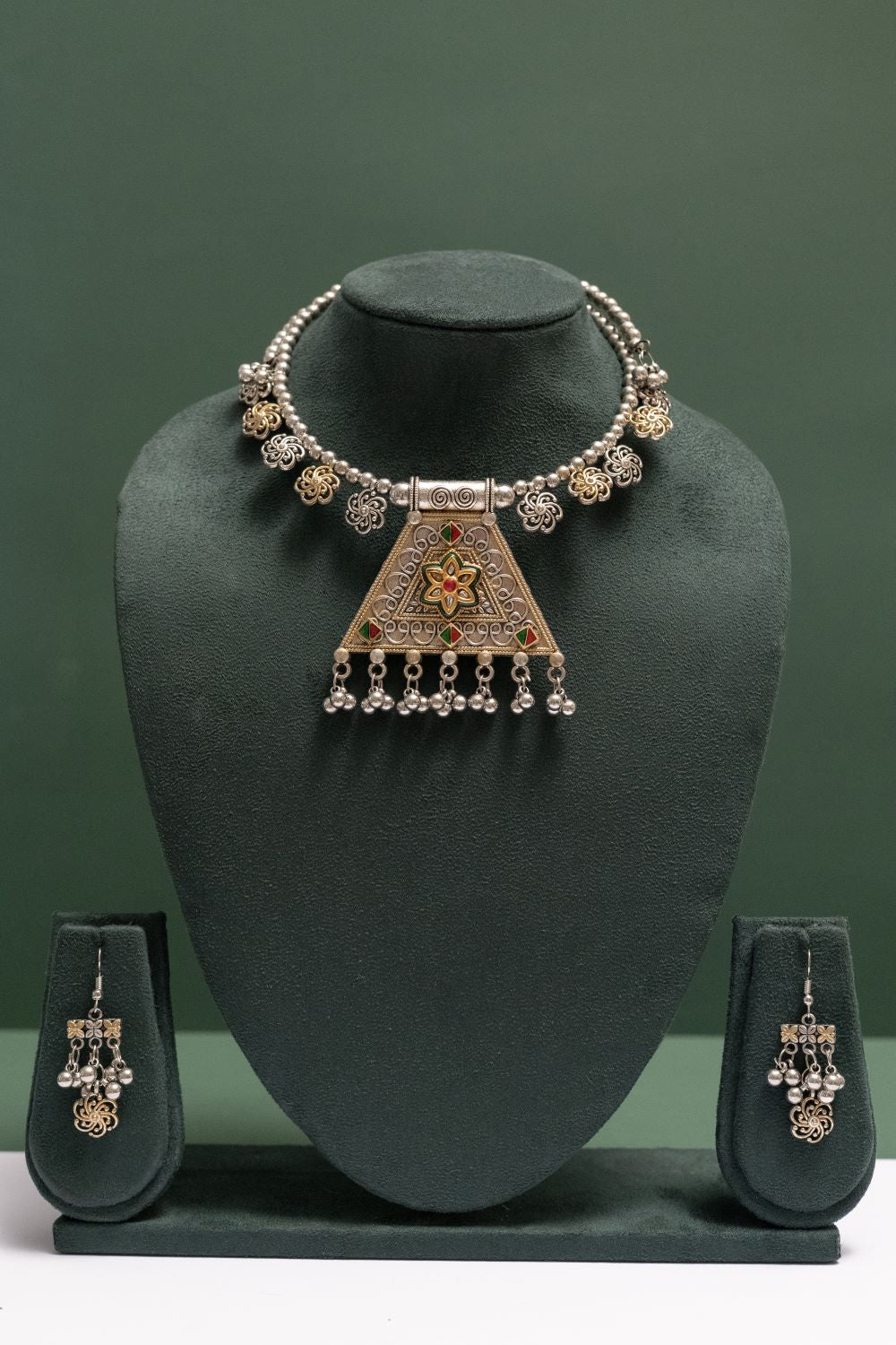 Oxodise Two Tone Triangle Floral Necklace With Hanging Beads