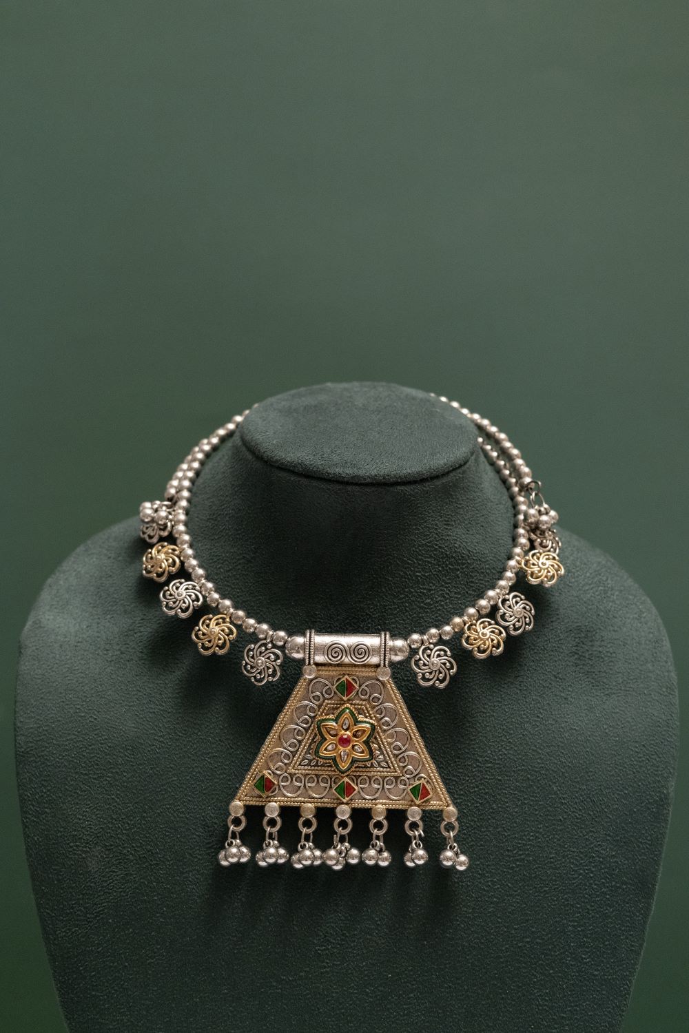 Oxodise Two Tone Triangle Floral Necklace With Hanging Beads