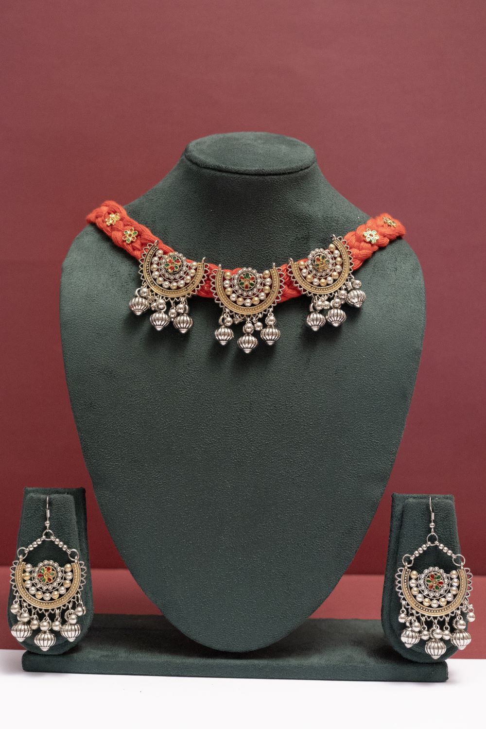 Multicolor Oxodise Two Tone Choker Necklace with Dangling Bells