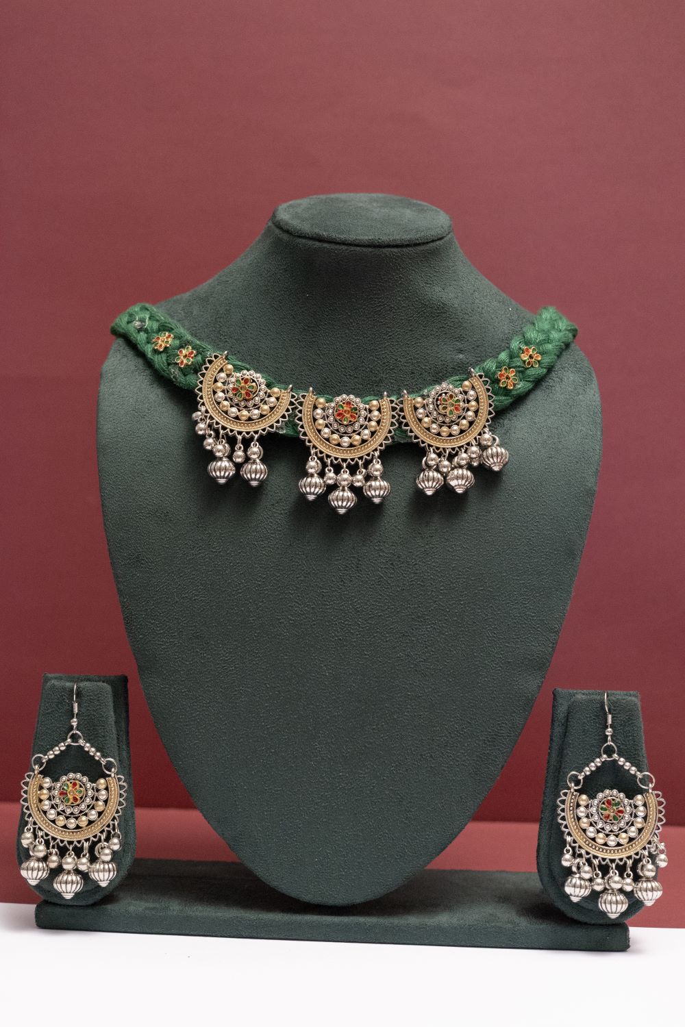 Multicolor Oxodise Two Tone Choker Necklace with Dangling Bells
