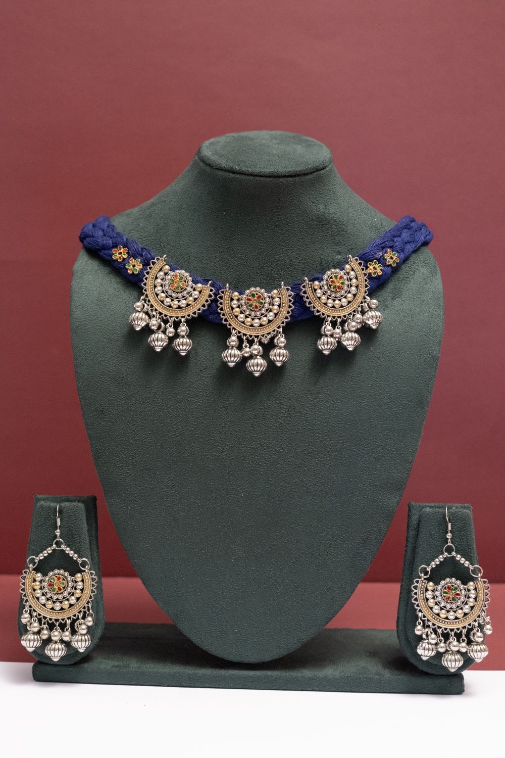 Multicolor Oxodise Two Tone Choker Necklace with Dangling Bells