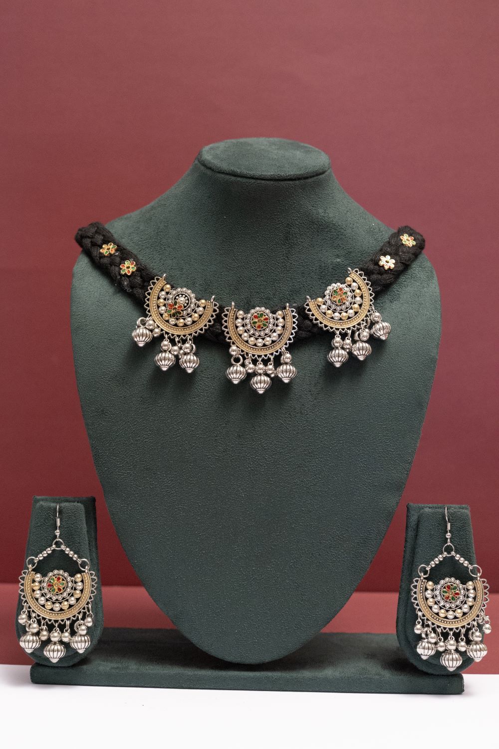 Multicolor Oxodise Two Tone Choker Necklace with Dangling Bells