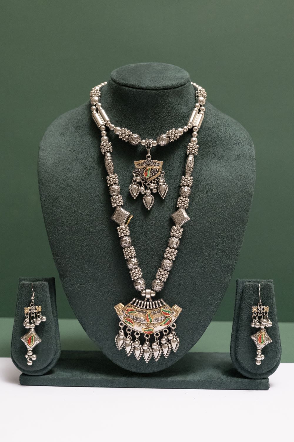 Oxodise Two Tone Paisley Theme Necklace with Dangling Leaf Drops