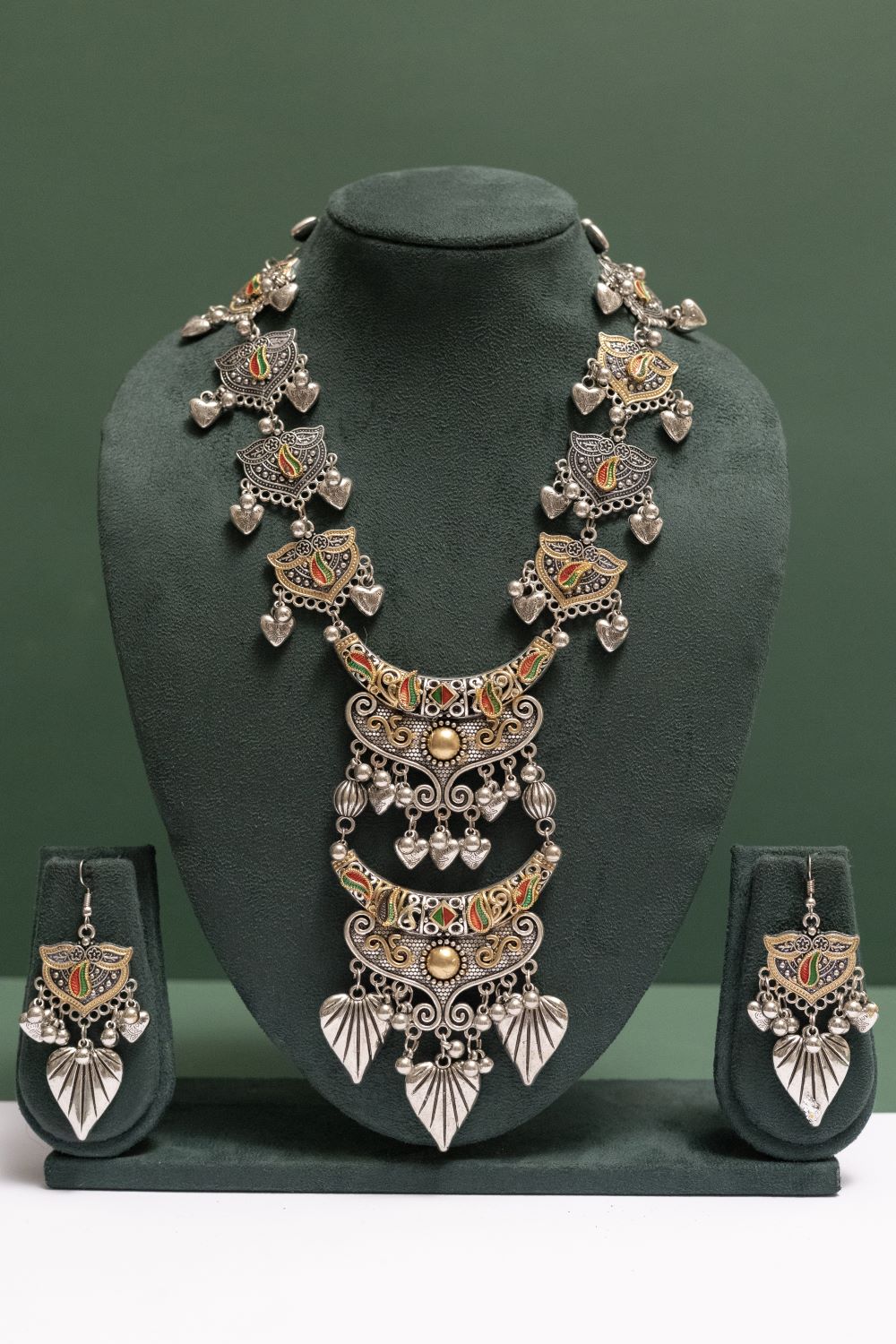 Oxodise Two Tone Ethnic Fan Design Necklace with Leaf Charms