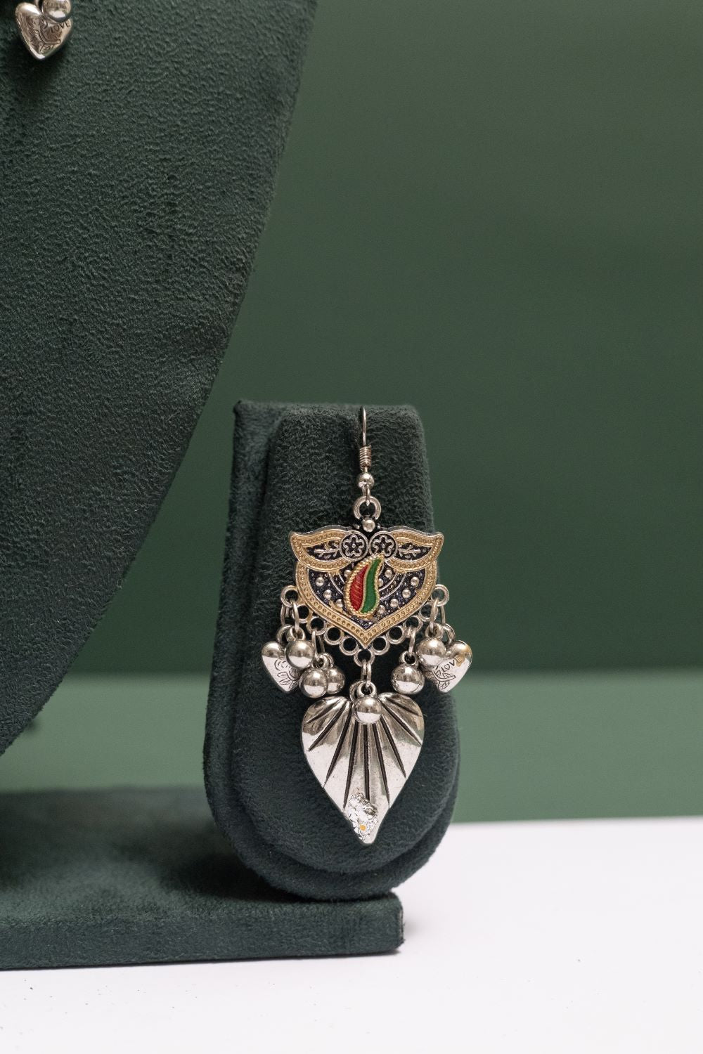 Oxodise Two Tone Ethnic Fan Design Necklace with Leaf Charms