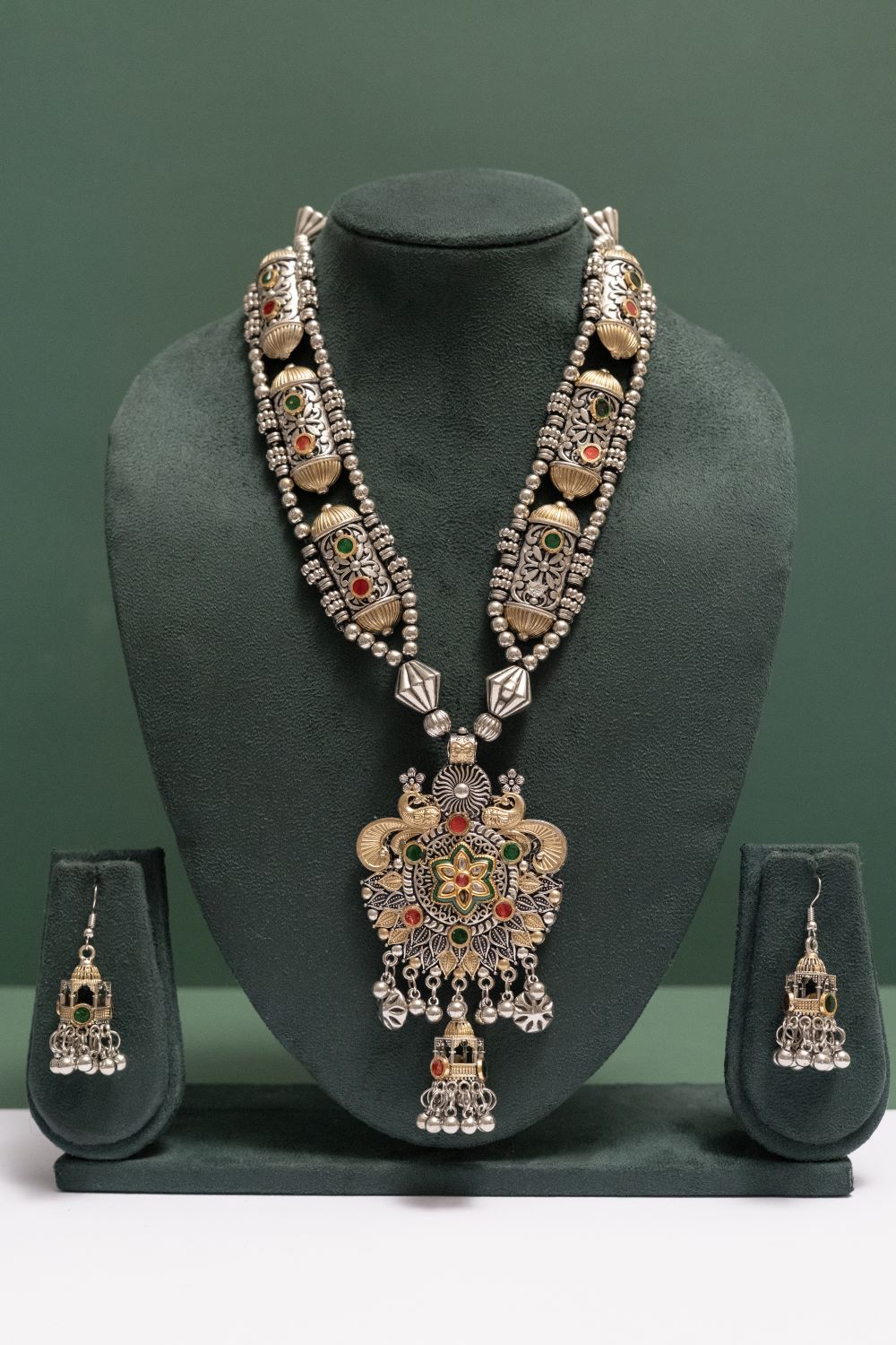 Oxodise Two Tone Twin Peacock Pendant Necklace with Jhumkas