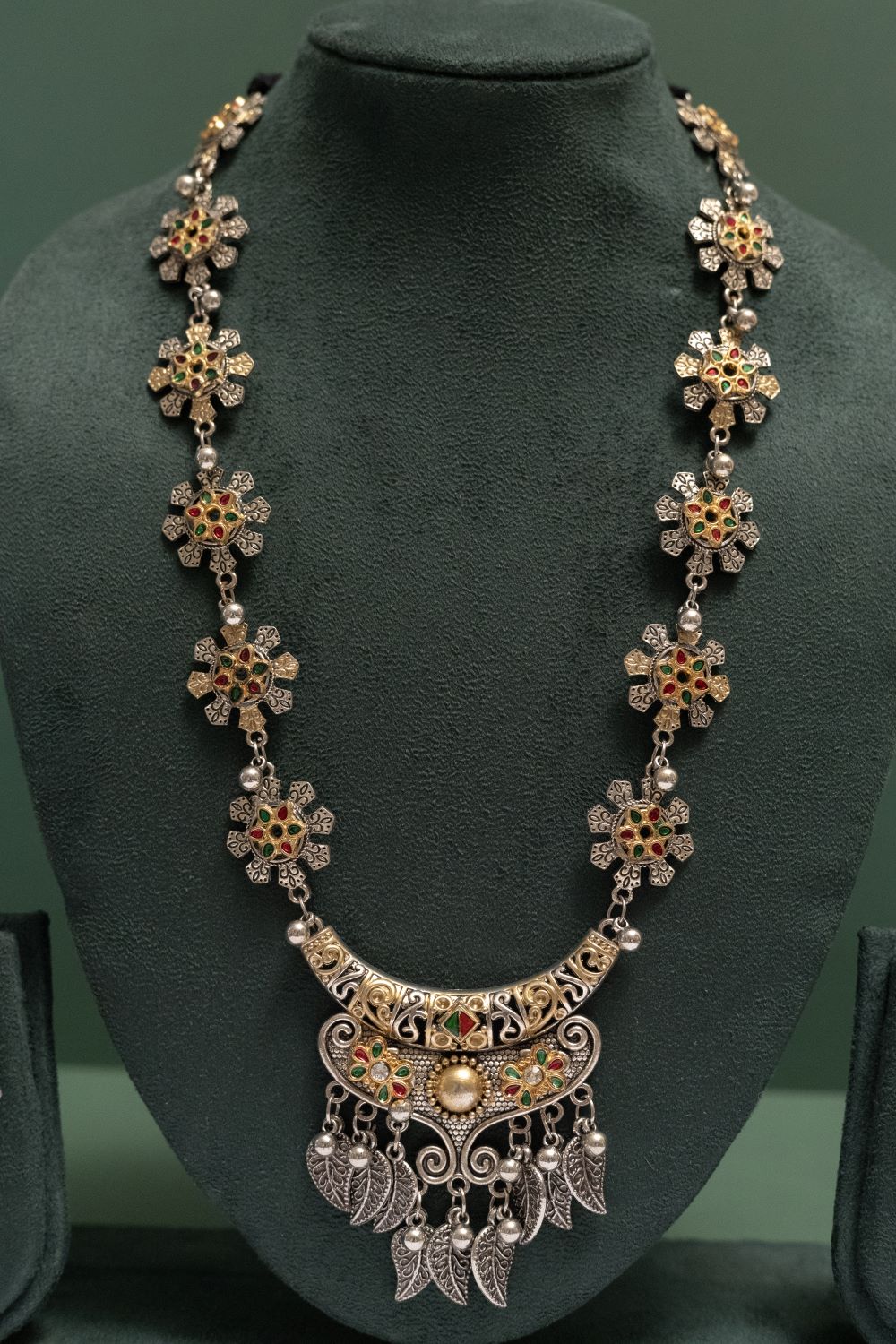 Oxodise Two Tone Floral Necklace with Dangling Leaf Drops