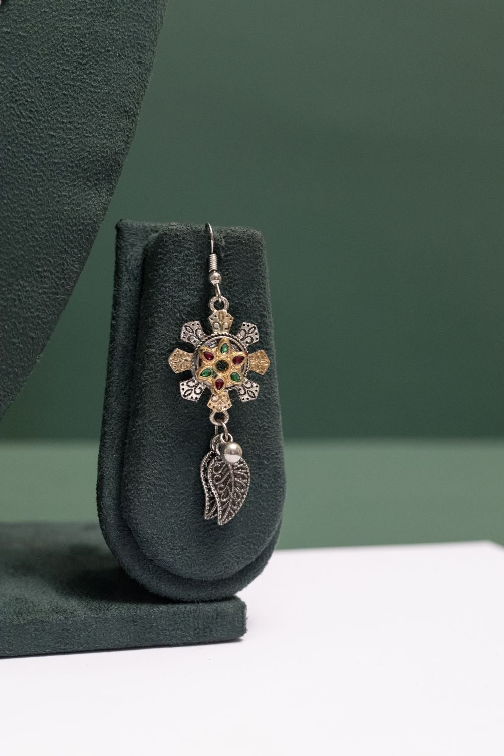 Oxodise Two Tone Floral Necklace with Dangling Leaf Drops