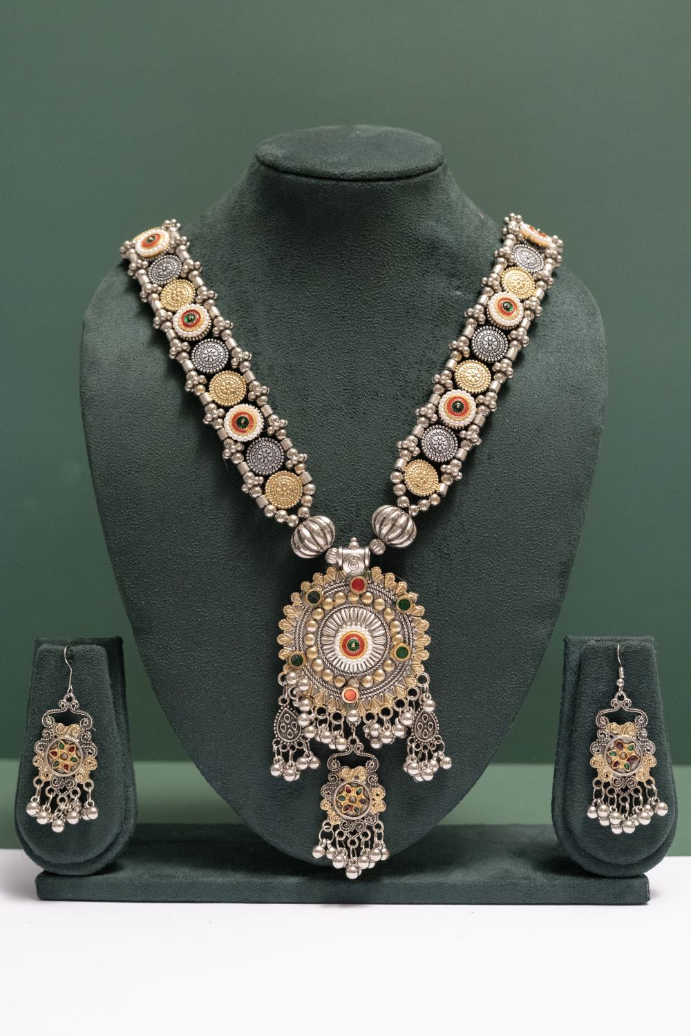 Oxodise Two Tone Mandala Necklace with Round Charm & Bells