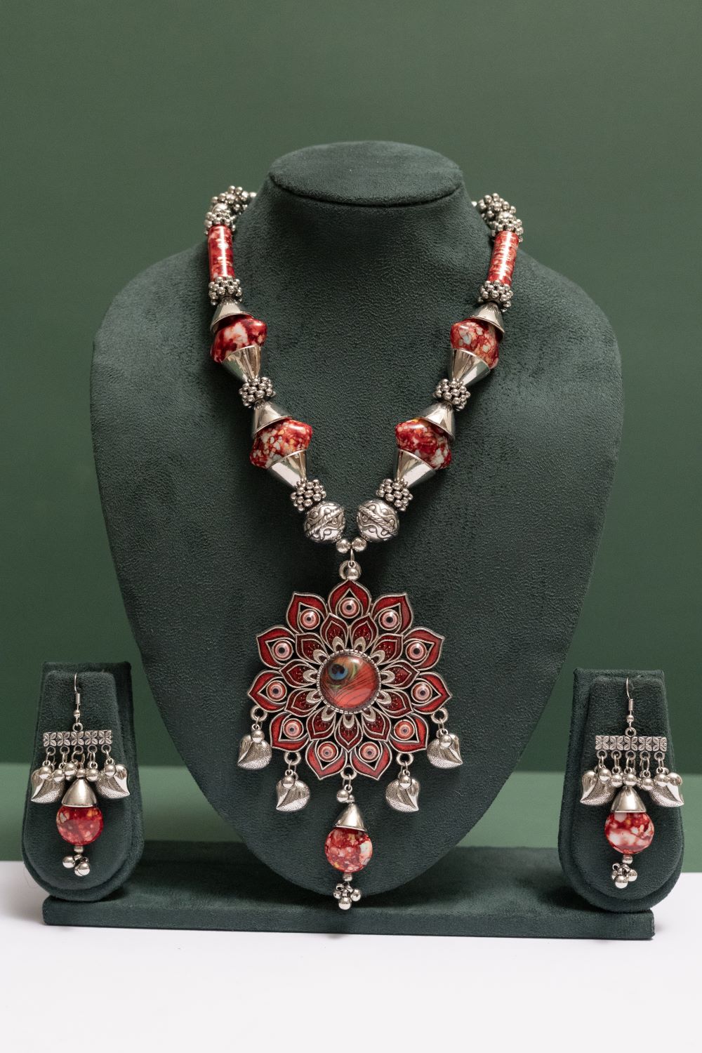 Oxodise Lotus Theme Pendant Necklace with Leaf Drops