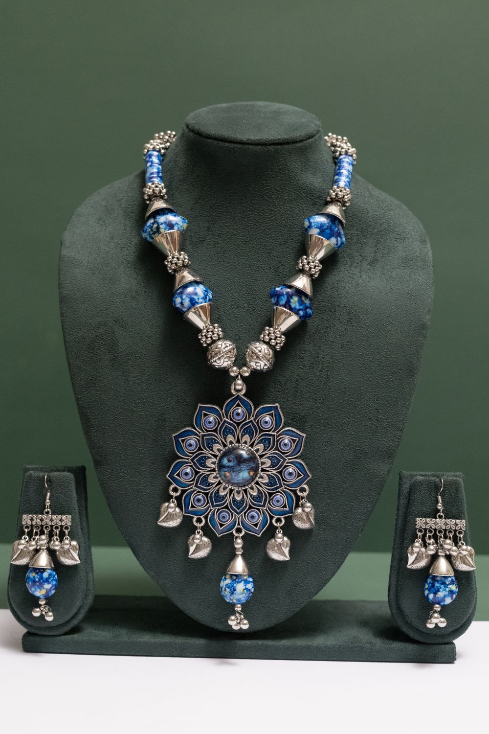 Oxodise Lotus Theme Pendant Necklace with Leaf Drops