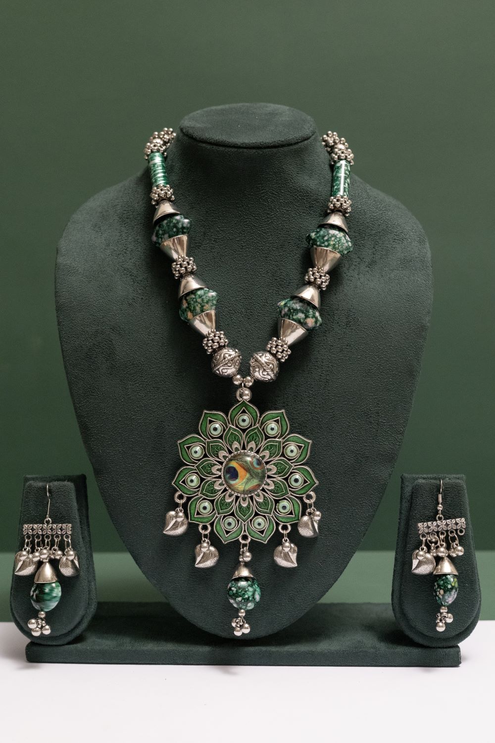 Oxodise Lotus Theme Pendant Necklace with Leaf Drops