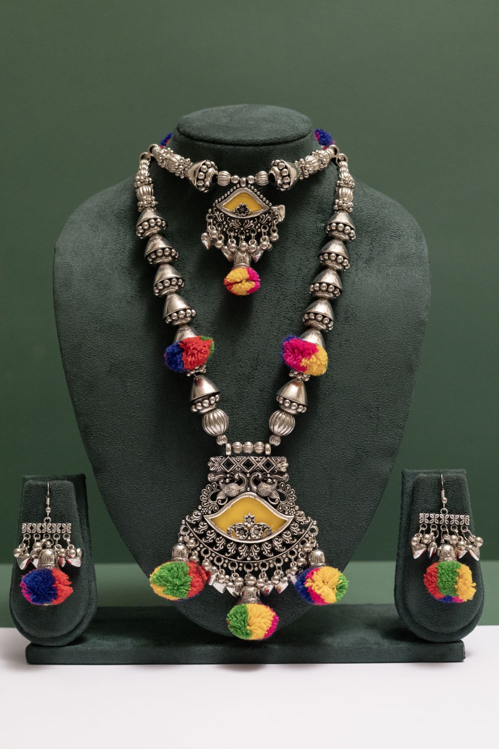 Oxodise Bell Chain Necklace with Dangling Pom Poms