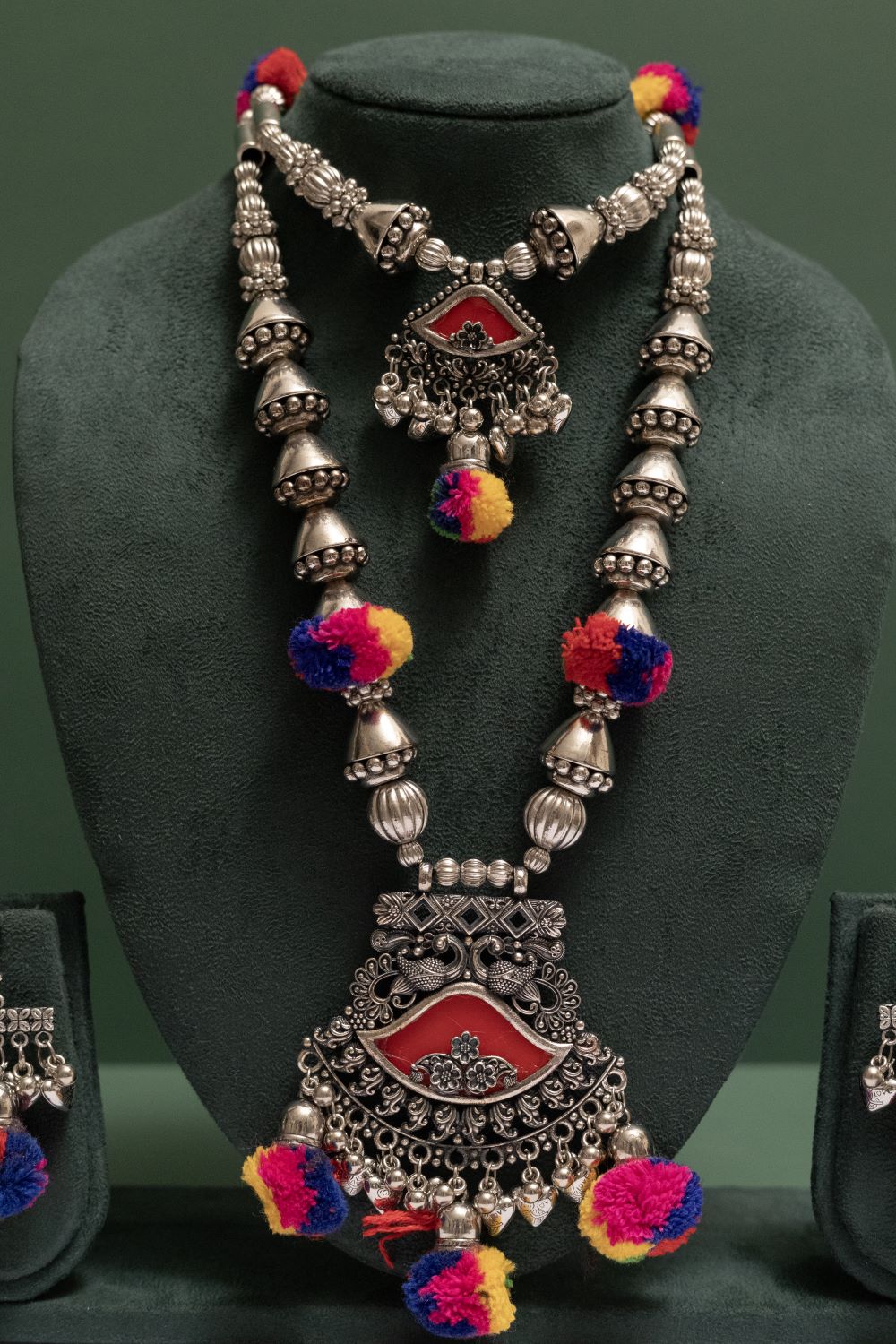 Oxodise Bell Chain Necklace with Dangling Pom Poms
