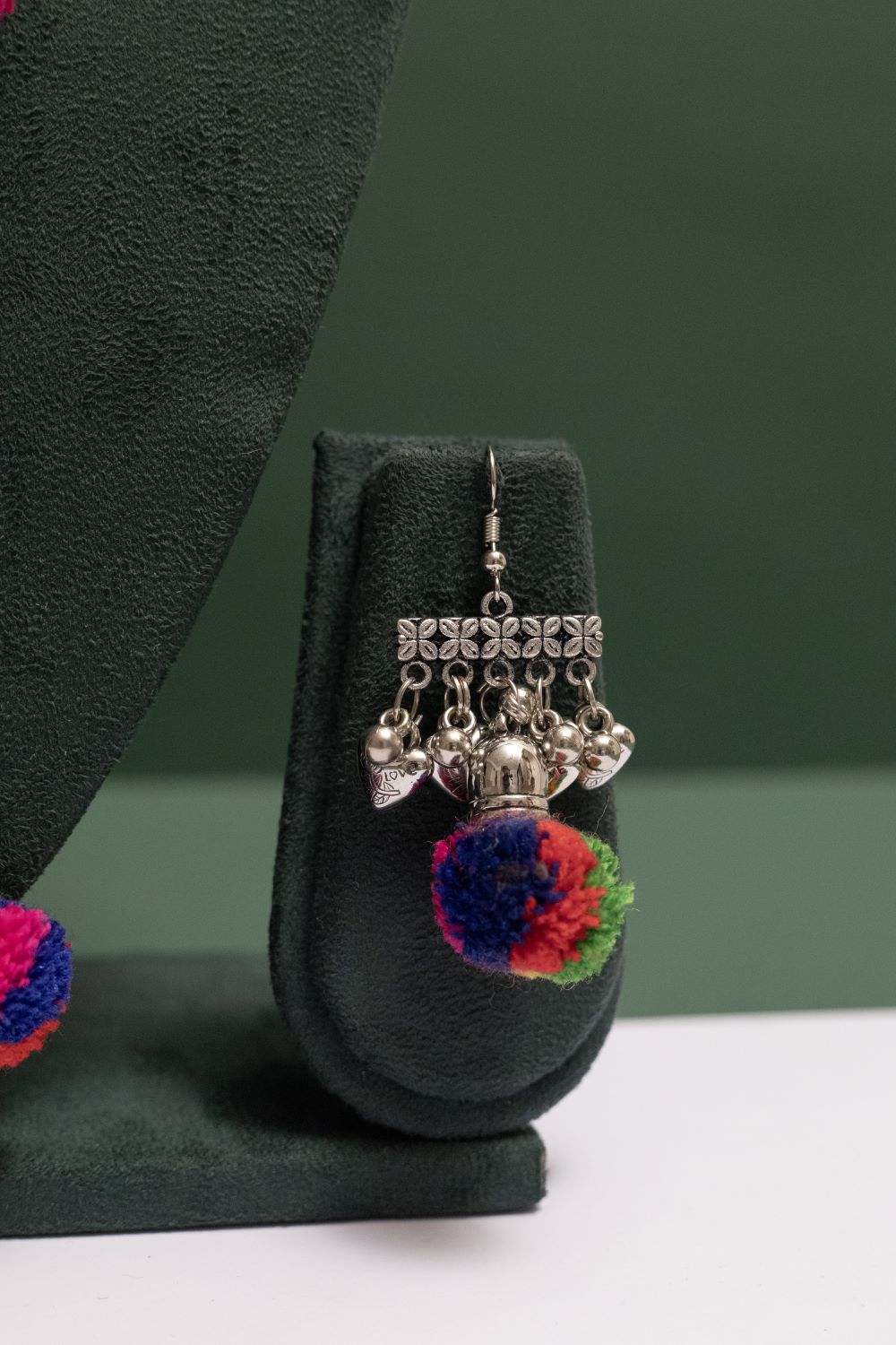 Oxodise Bell Chain Necklace with Dangling Pom Poms