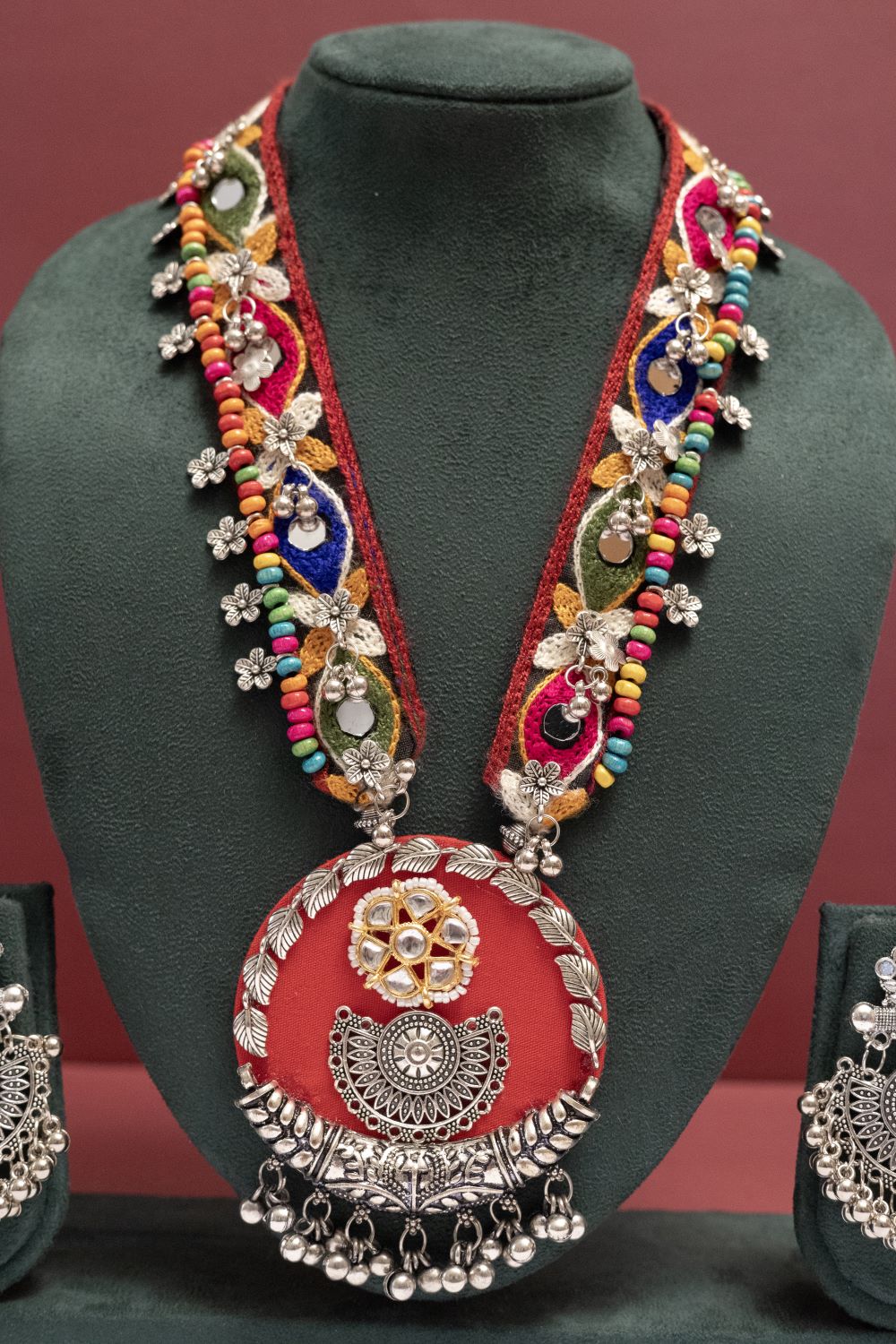 Fabric Floral Leaf Necklace with Round Multicolor Charm