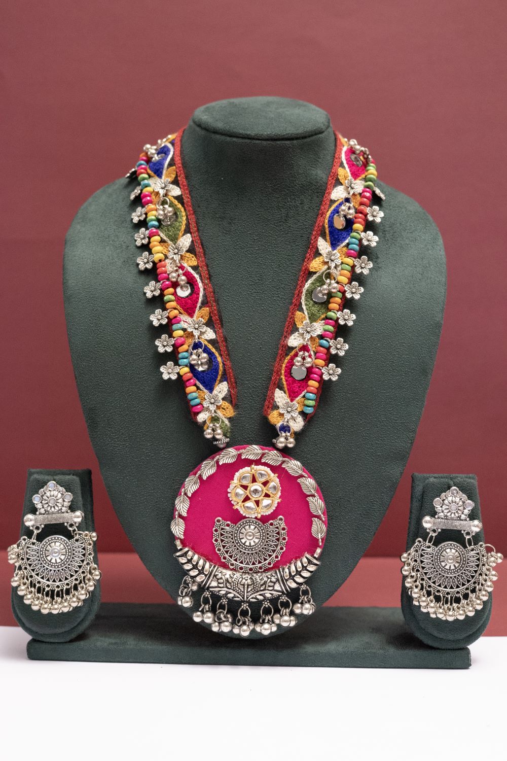 Fabric Floral Leaf Necklace with Round Multicolor Charm