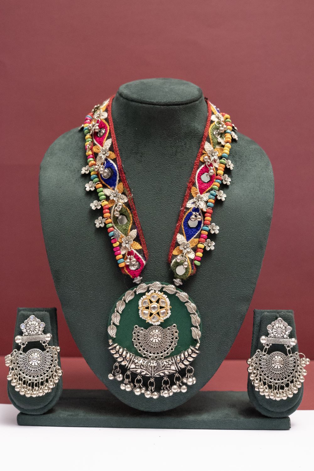 Fabric Floral Leaf Necklace with Round Multicolor Charm