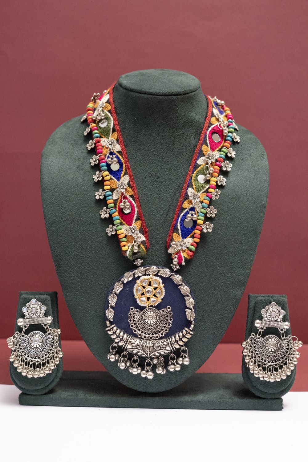 Fabric Floral Leaf Necklace with Round Multicolor Charm