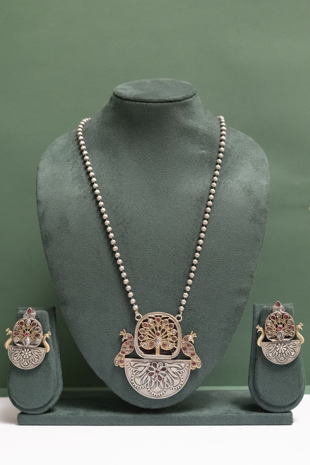 Silver Look-Alike Peacock Motif Necklace with Tree Design
