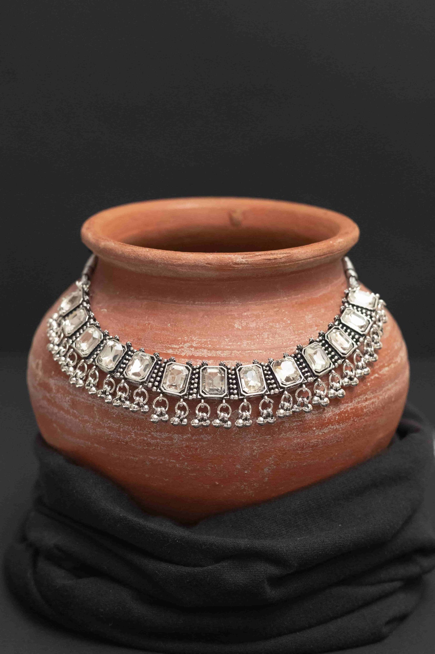 Oxodise Combo White Stone Choker Necklace with Dangling Beads