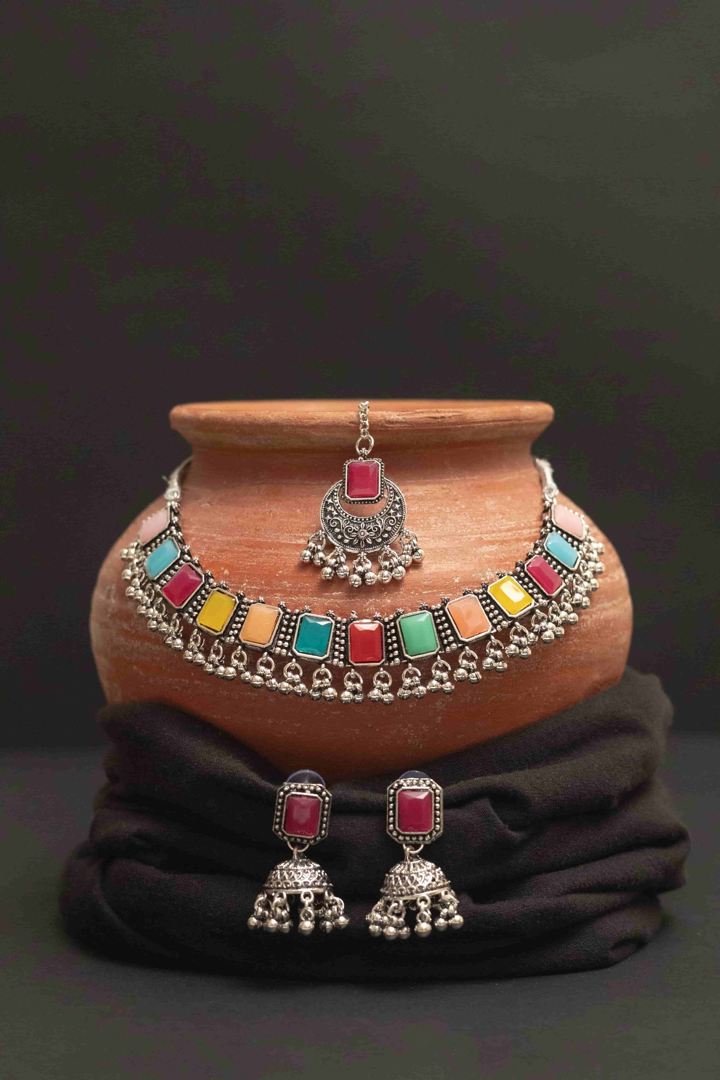 Oxodise Meena Choker Necklace Set with Rectangular Multi-Colored Stones