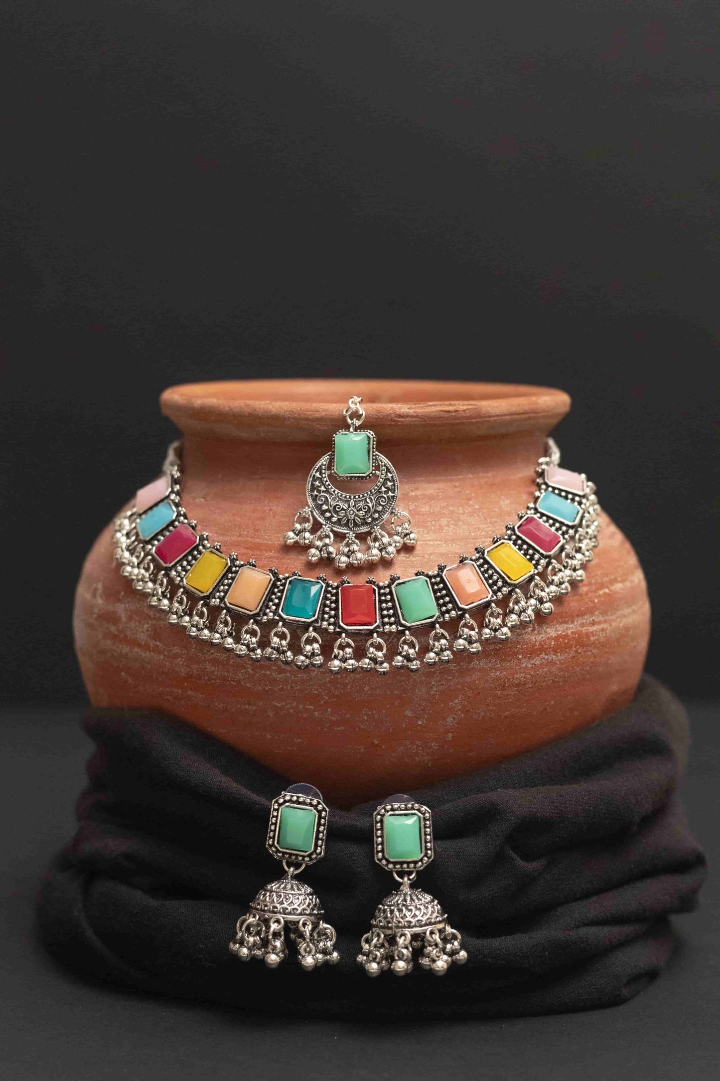 Oxodise Meena Choker Necklace Set with Rectangular Multi-Colored Stones