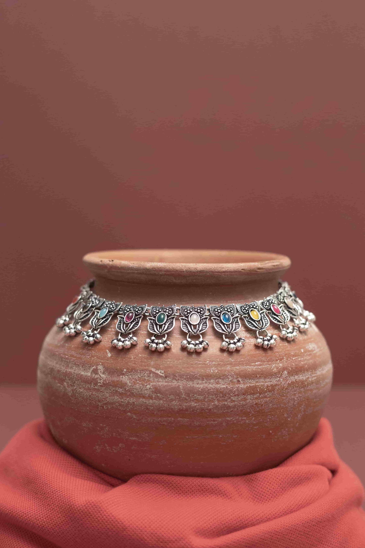 Oxodise Multicolor Rose Choker Necklace with Dangling Beads