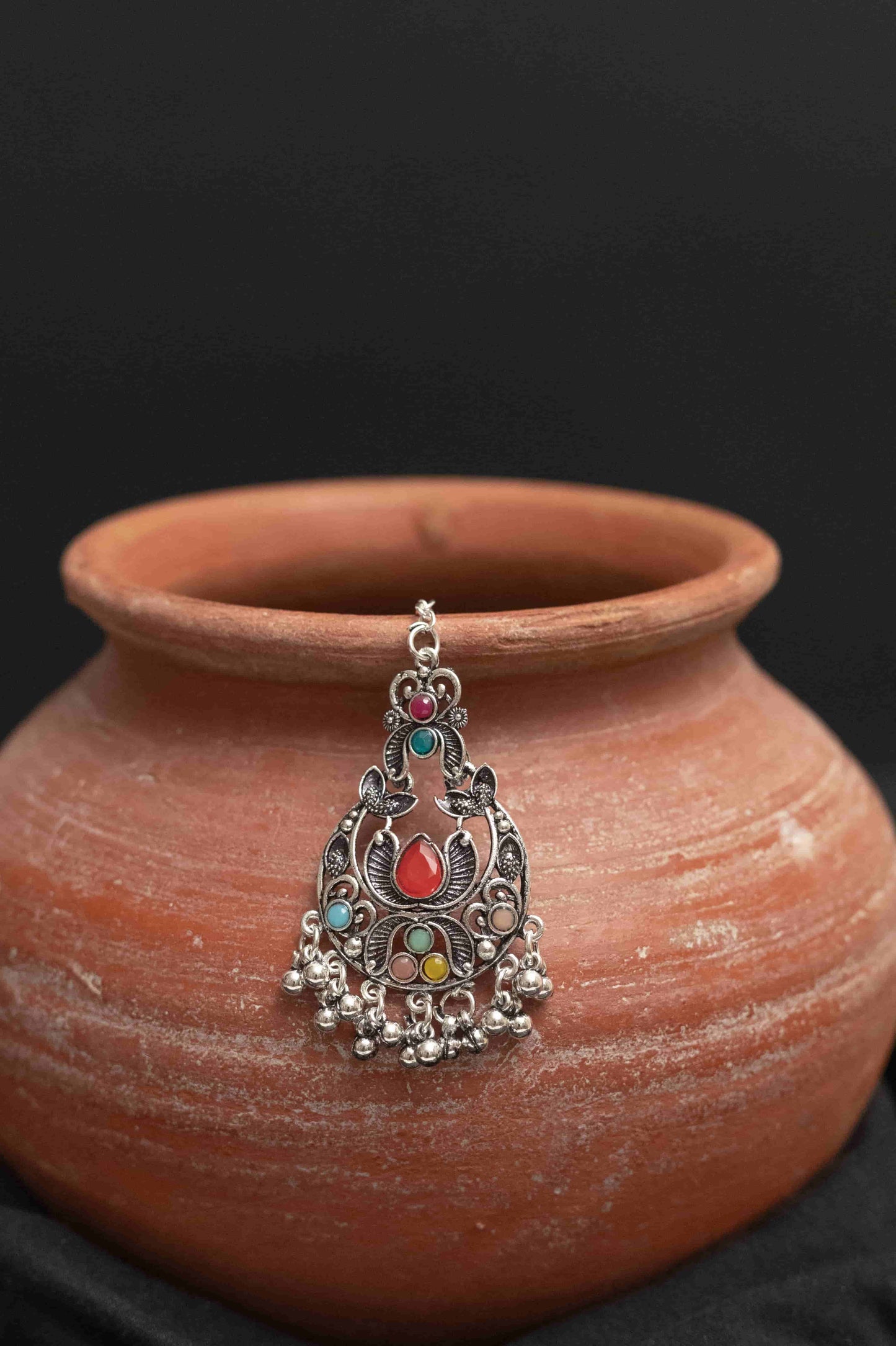 Oxodise Multi-Stone Choker Necklace Set with Jhumka & Tika