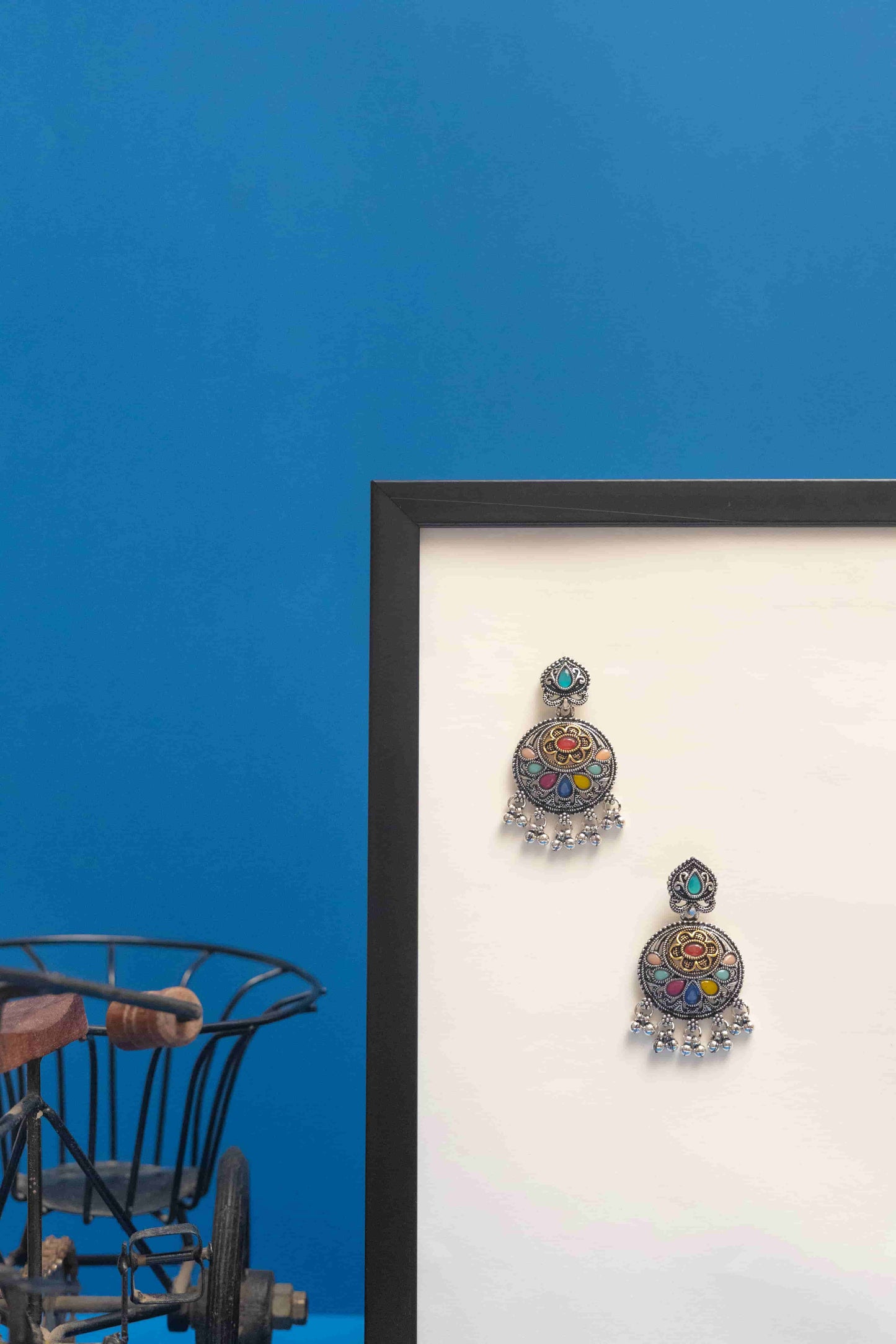 Oxodise Teardrop Pendant Necklace with Multicolor Cabochons & Bells