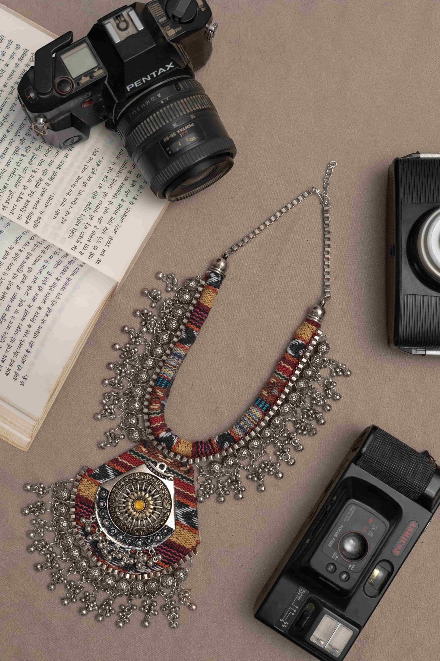 Ethnic Fabric Necklace with Antique Silver Detailing