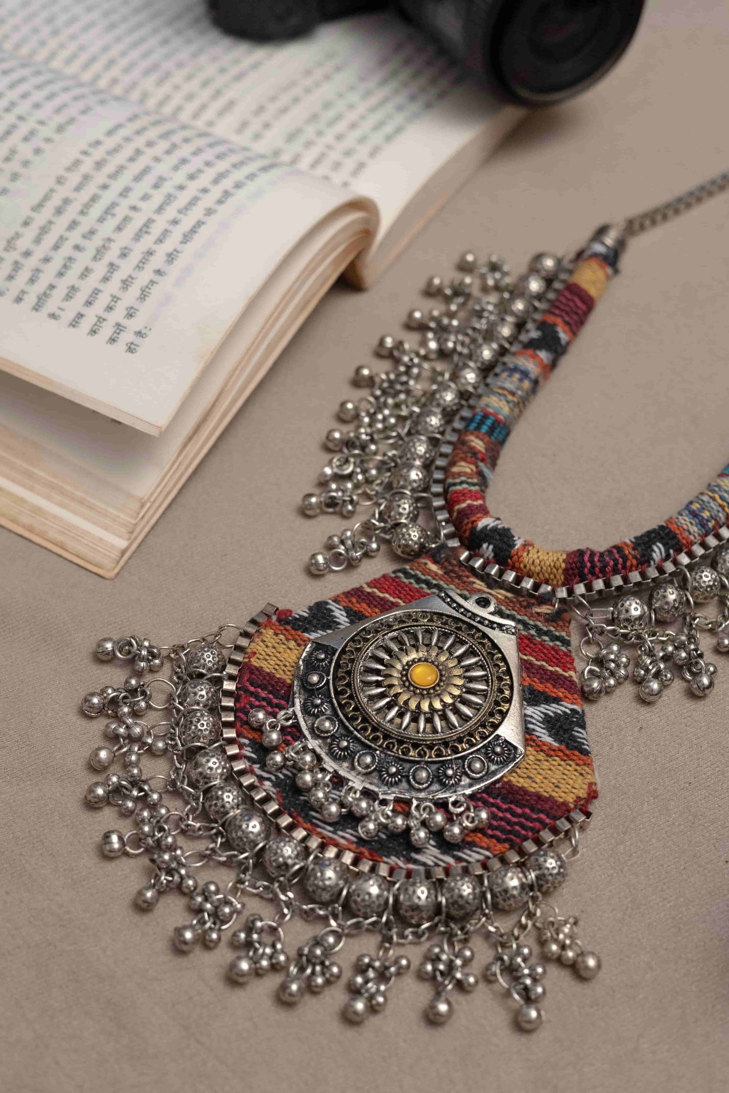 Ethnic Fabric Necklace with Antique Silver Detailing