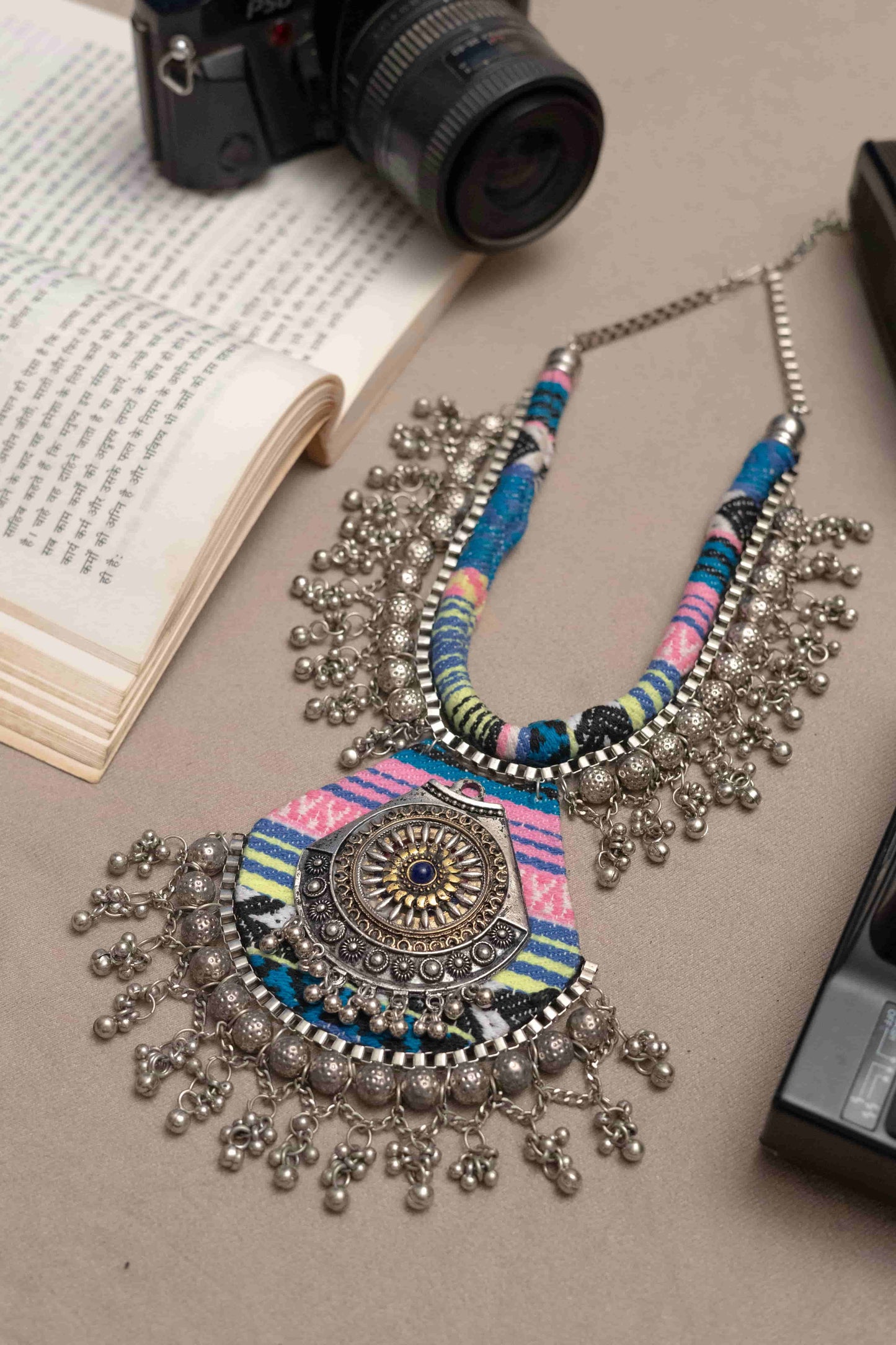 Ethnic Fabric Necklace with Antique Silver Detailing