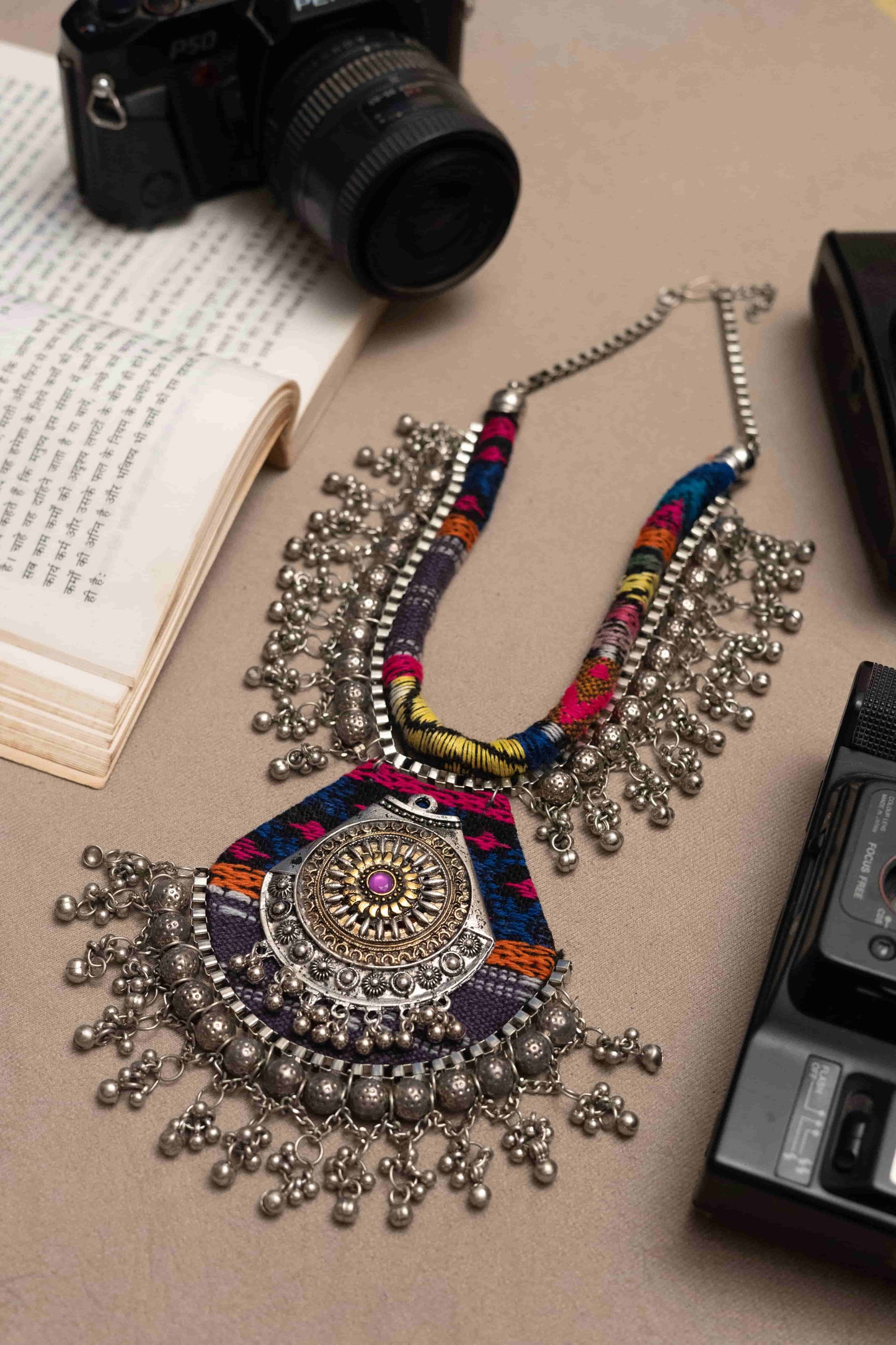Ethnic Fabric Necklace with Antique Silver Detailing