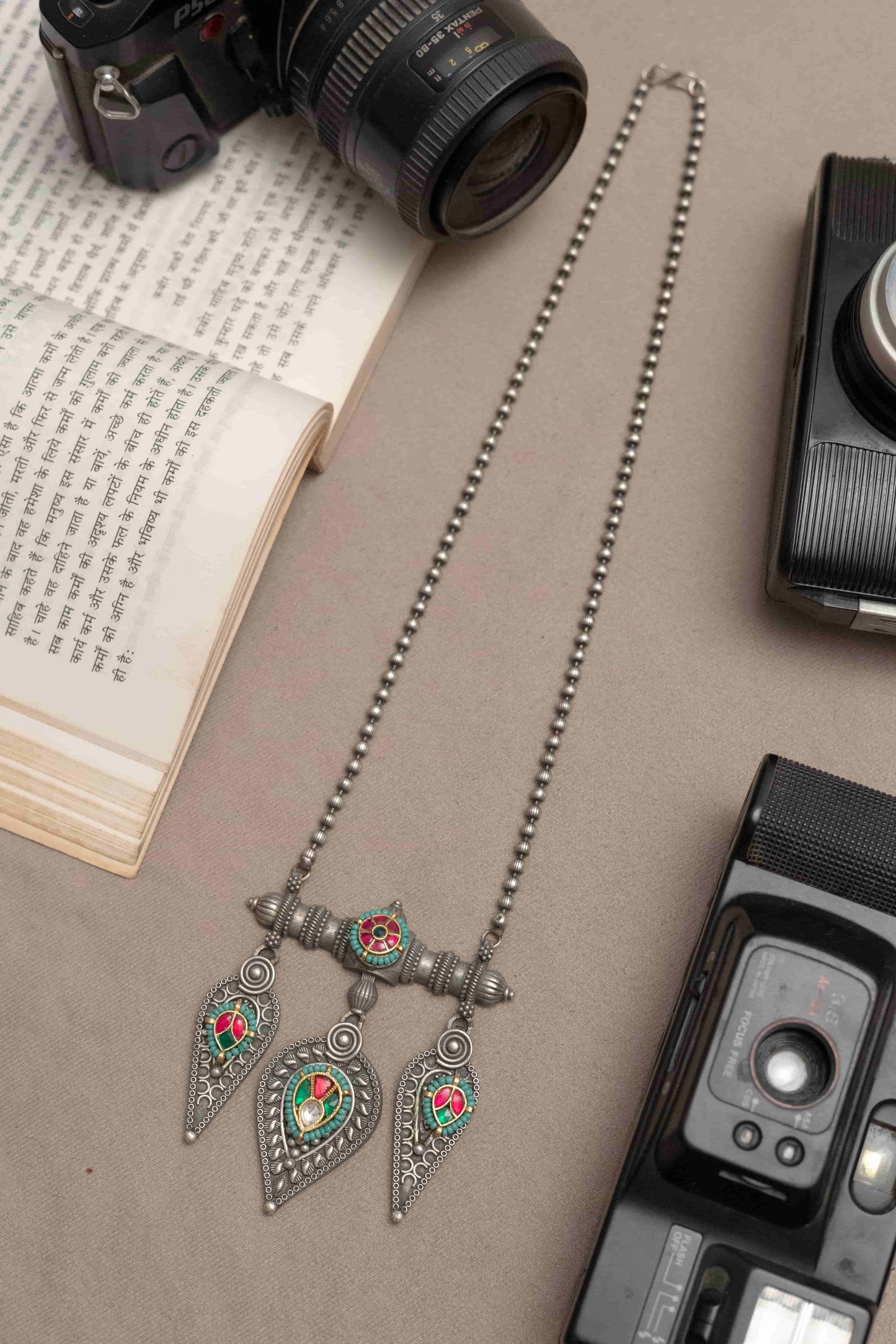 Silver Look-Alike Chain Pendant with Red-Green Accents