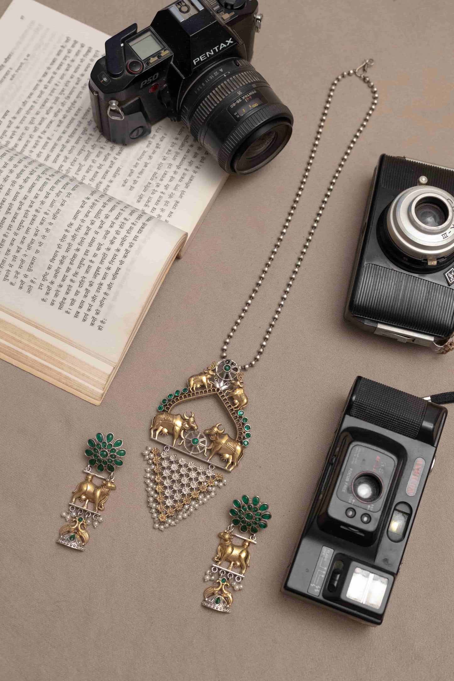 Silver Look-Alike Two Tone Necklace with Cow Motif