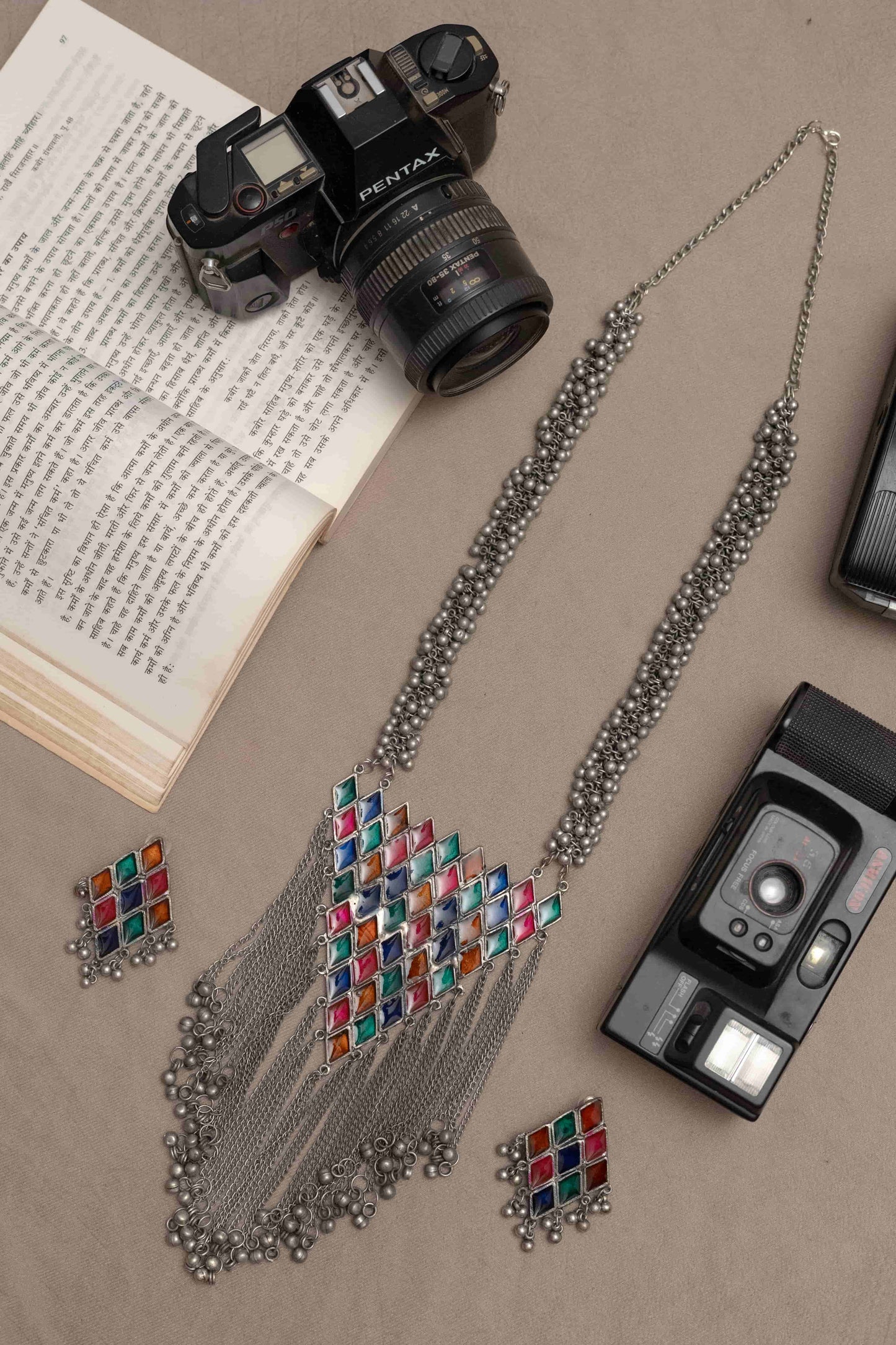 Oxodise Multicolor Meena Triangle Pendant Necklace