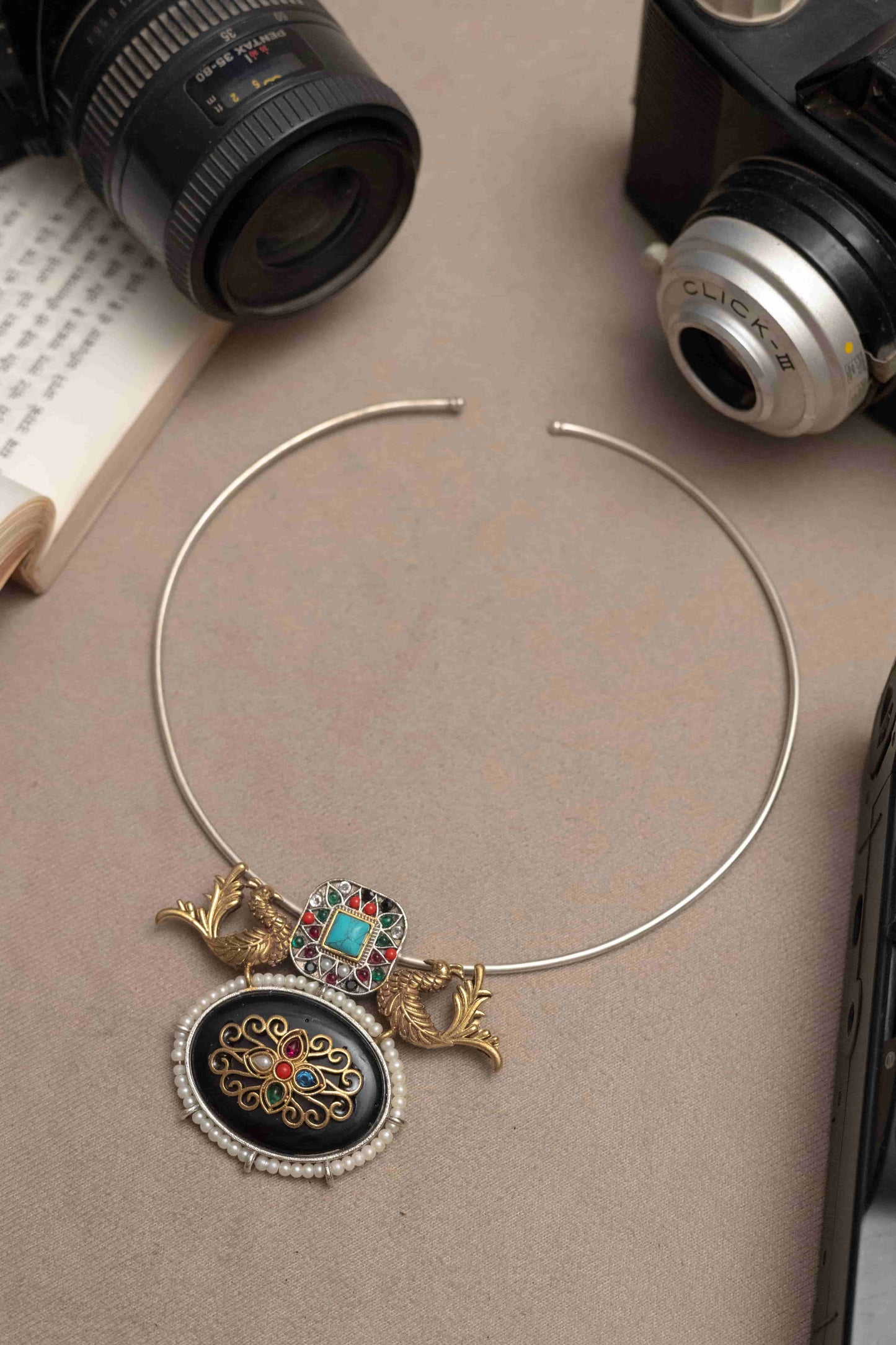 Silver Look-Alike Choker with Ornate Pendant and Earrings