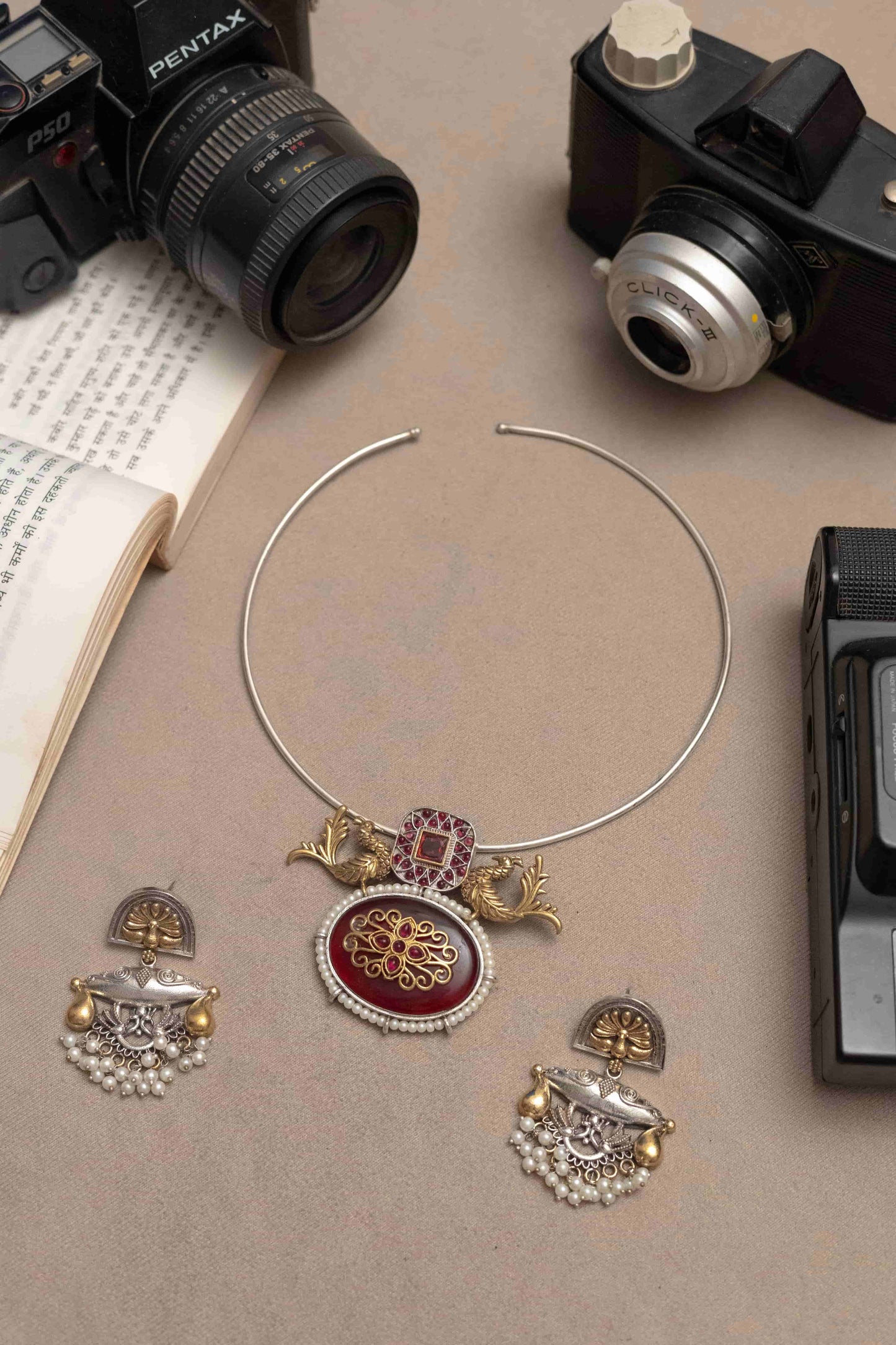 Silver Look-Alike Choker with Ornate Pendant and Earrings