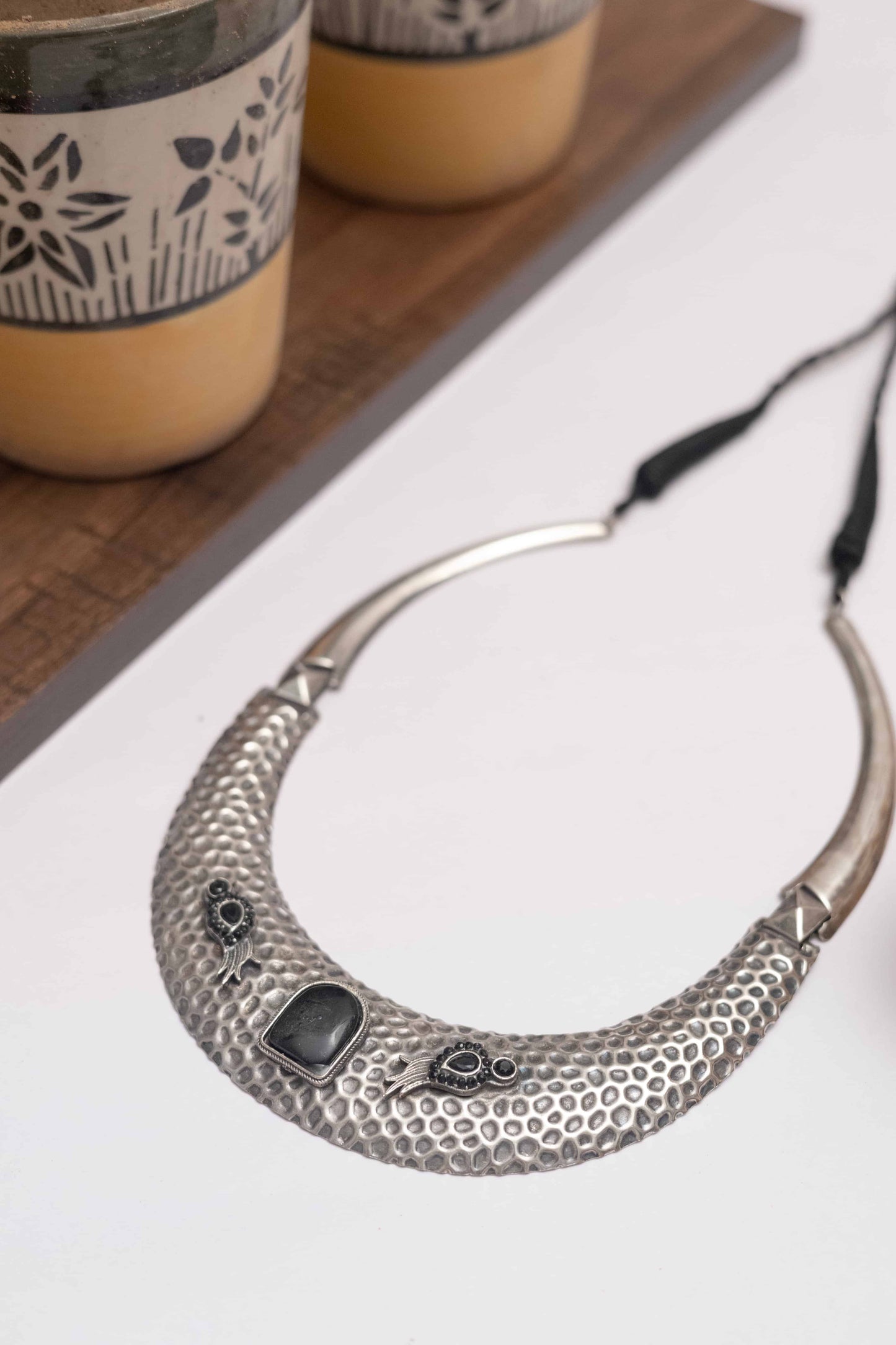 Silver Look-Alike Stone Choker Set with Stud Earrings