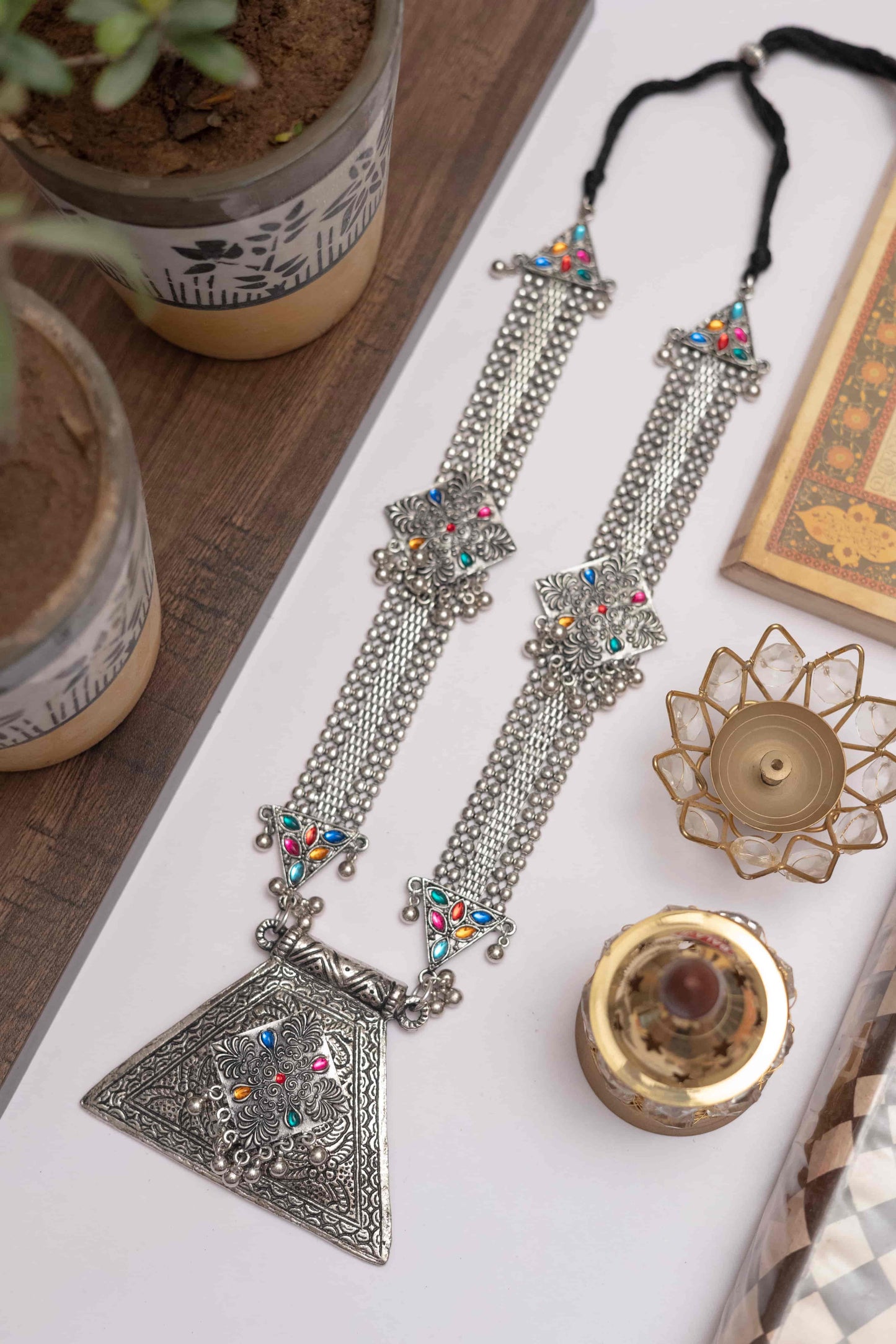 Oxodise Meena Long Chain Necklace with Triangle Pendant