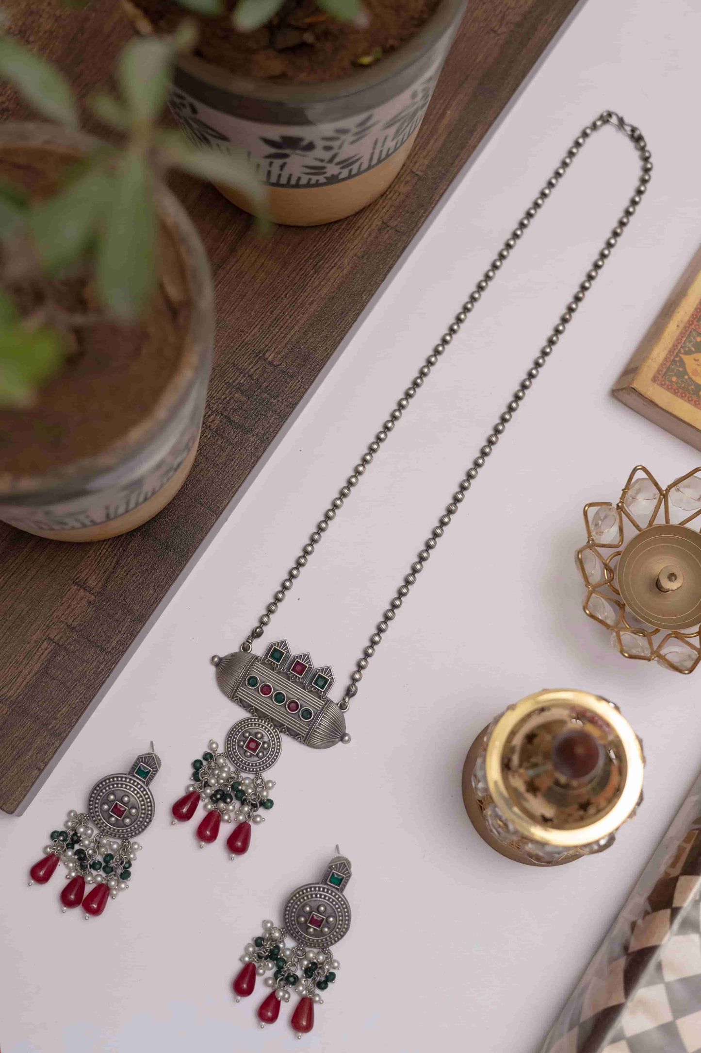 Silver Look-Alike Tribal Pendant with Multicolour Beads