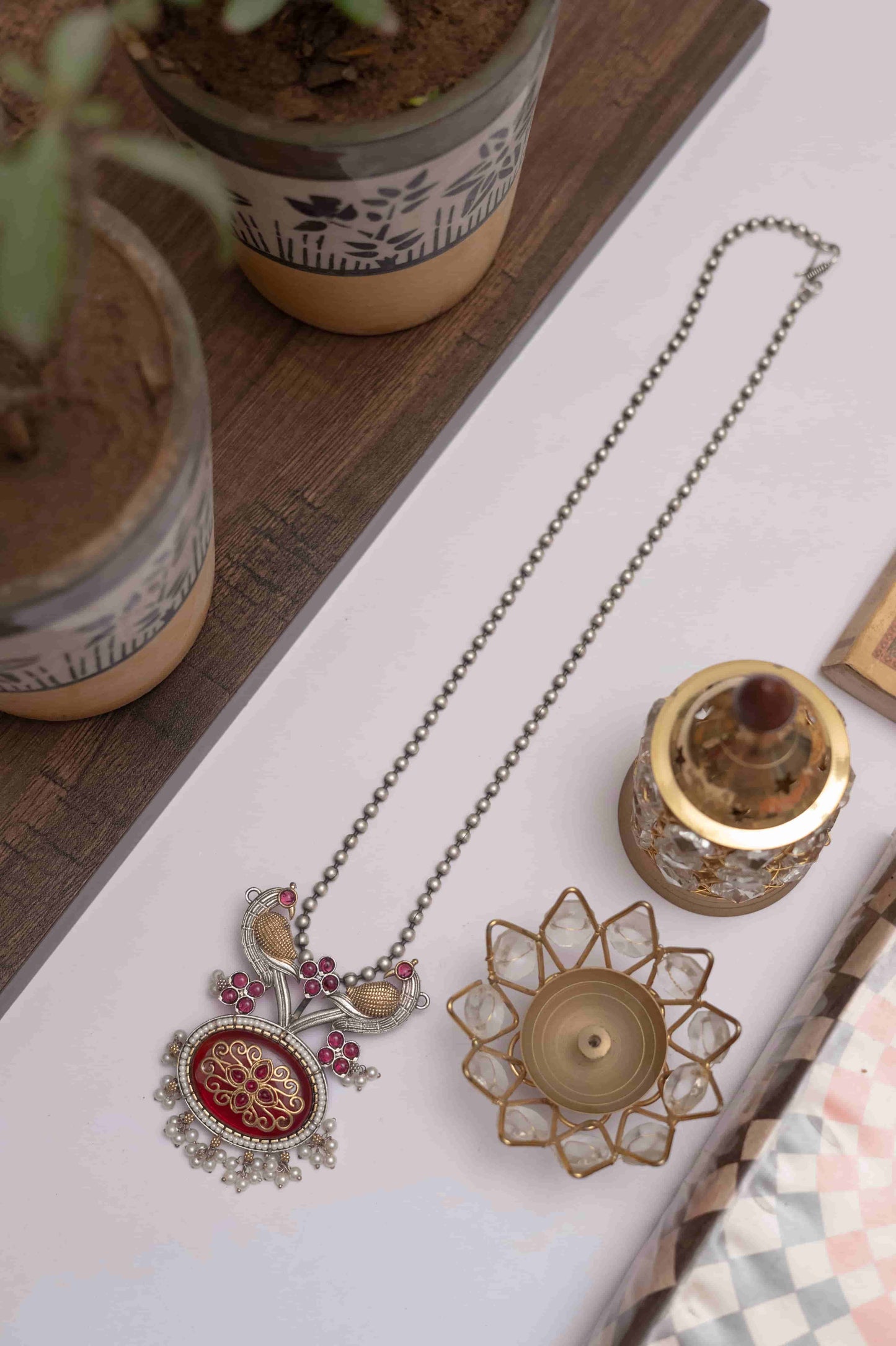 Silver Look-ALike Peacock Pendant Set with Stone & Pearl Drops